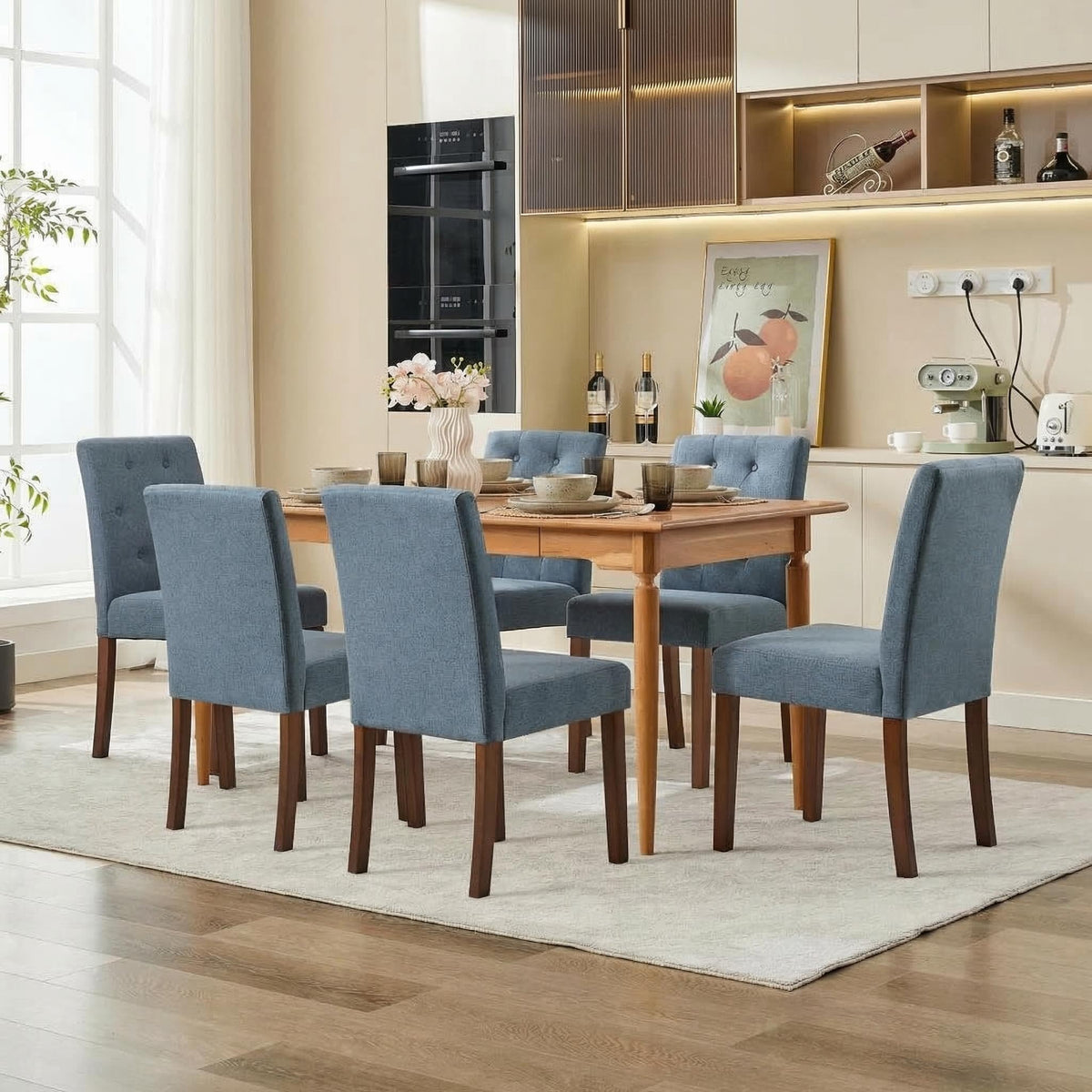 IDEALHOUSE Dining Chairs Set of 6, Linen Fabric Upholstered Parsons Chairs with Rubberwood Legs, Comfortable Padded Seat Kitchen, Dining Room Side Chairs, Living Room Blue