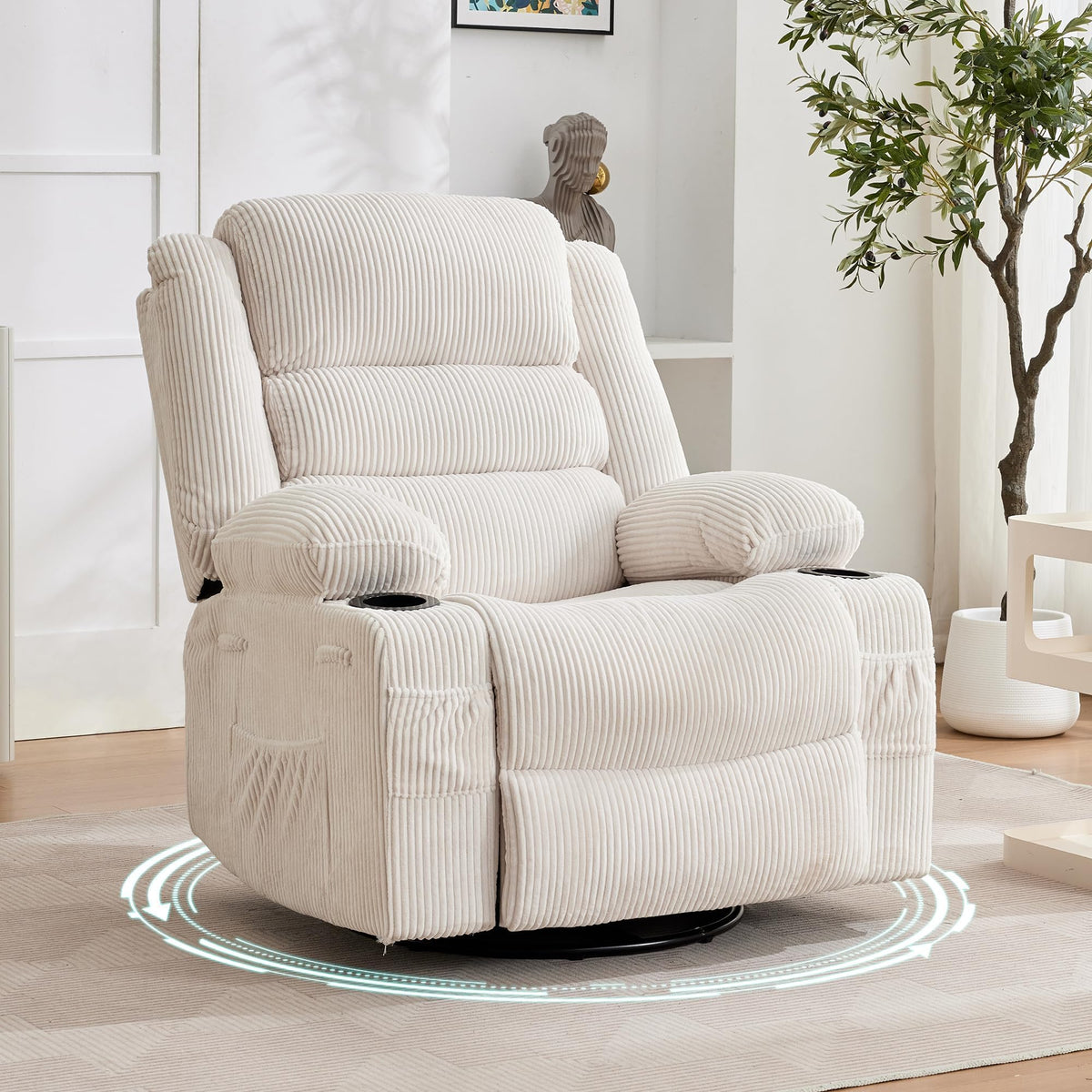 Rocking Recliner Chair for Adults Corduroy Wide Upholstered Glider Recliner with Cup Holder Deep Seat Single Sofa Rocker Chair for Nursery Living Room