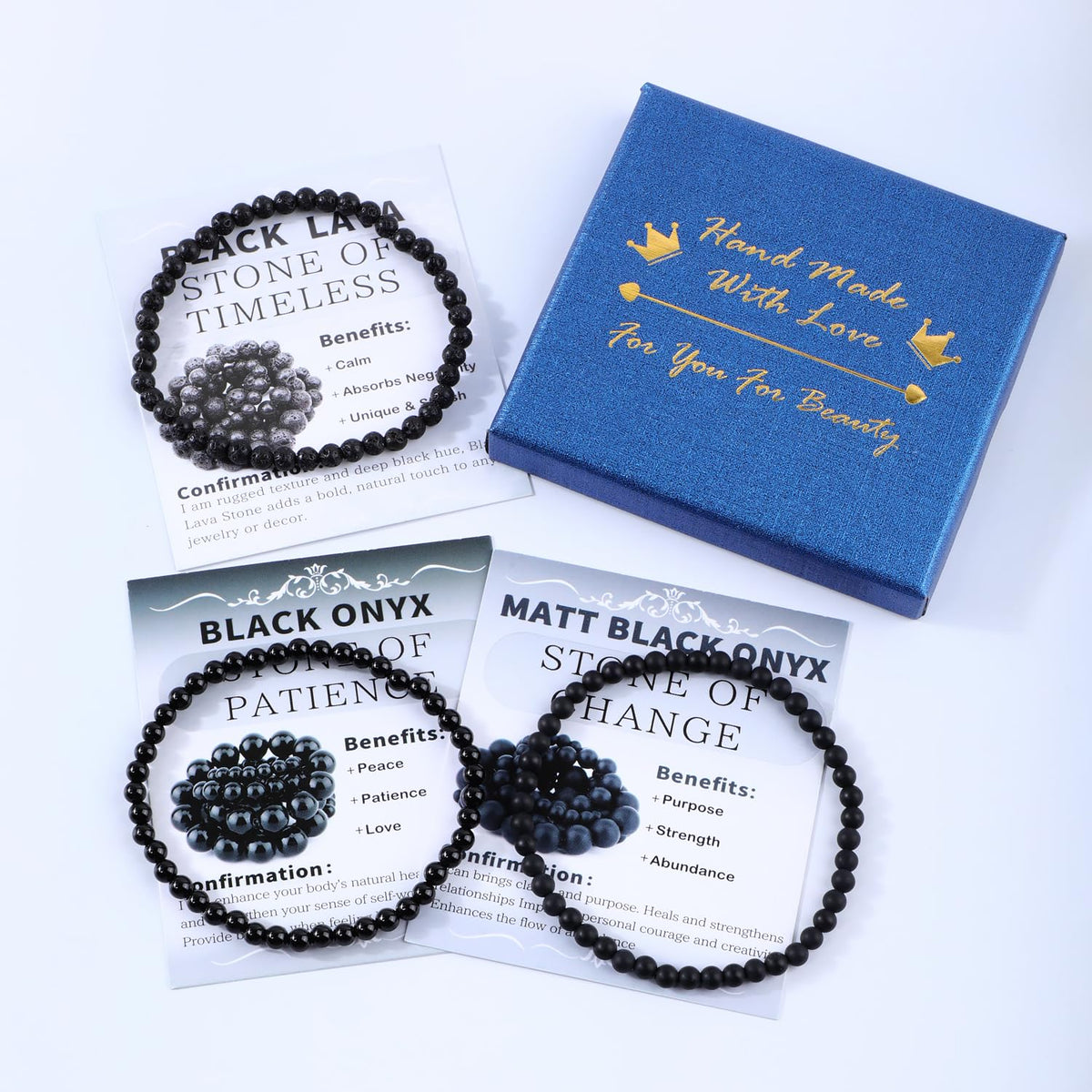 NCB 3-Piece 4mm Natural Crystal Gemstone Stretch Bracelets – ﻿Black Lava, Black Onyx, Matte Black Agate Handmade Reiki Energy Healing Jewelry for Meditation,Yoga, Unisex