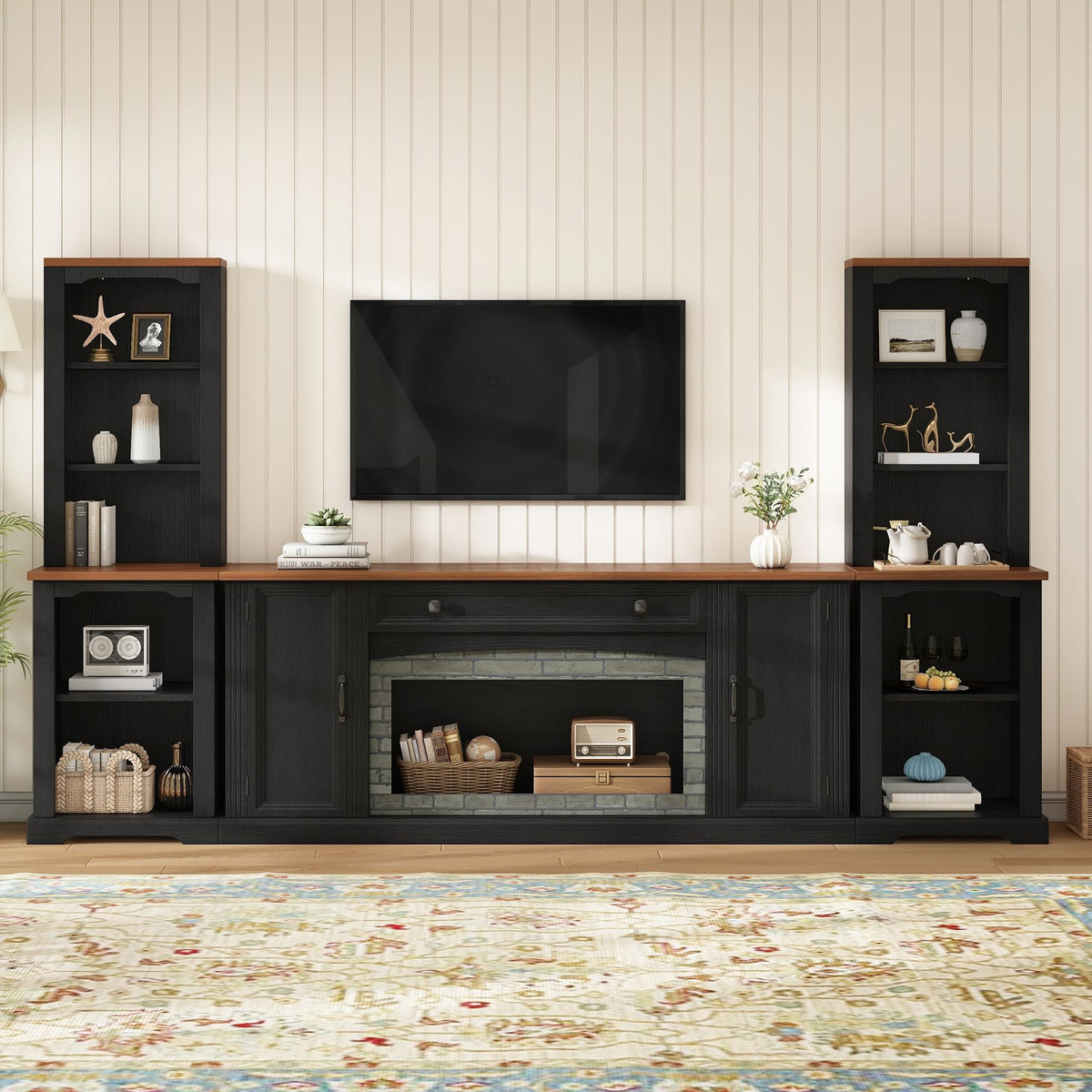 Merax 3-Piece TV Stand Set for TVs up to 70", Farmhouse Entertainment Center with Curved Side Cabinets & Bookshelves, Modular Storage Unit with Drawer and Adjustable Shelves for Living Room, Black