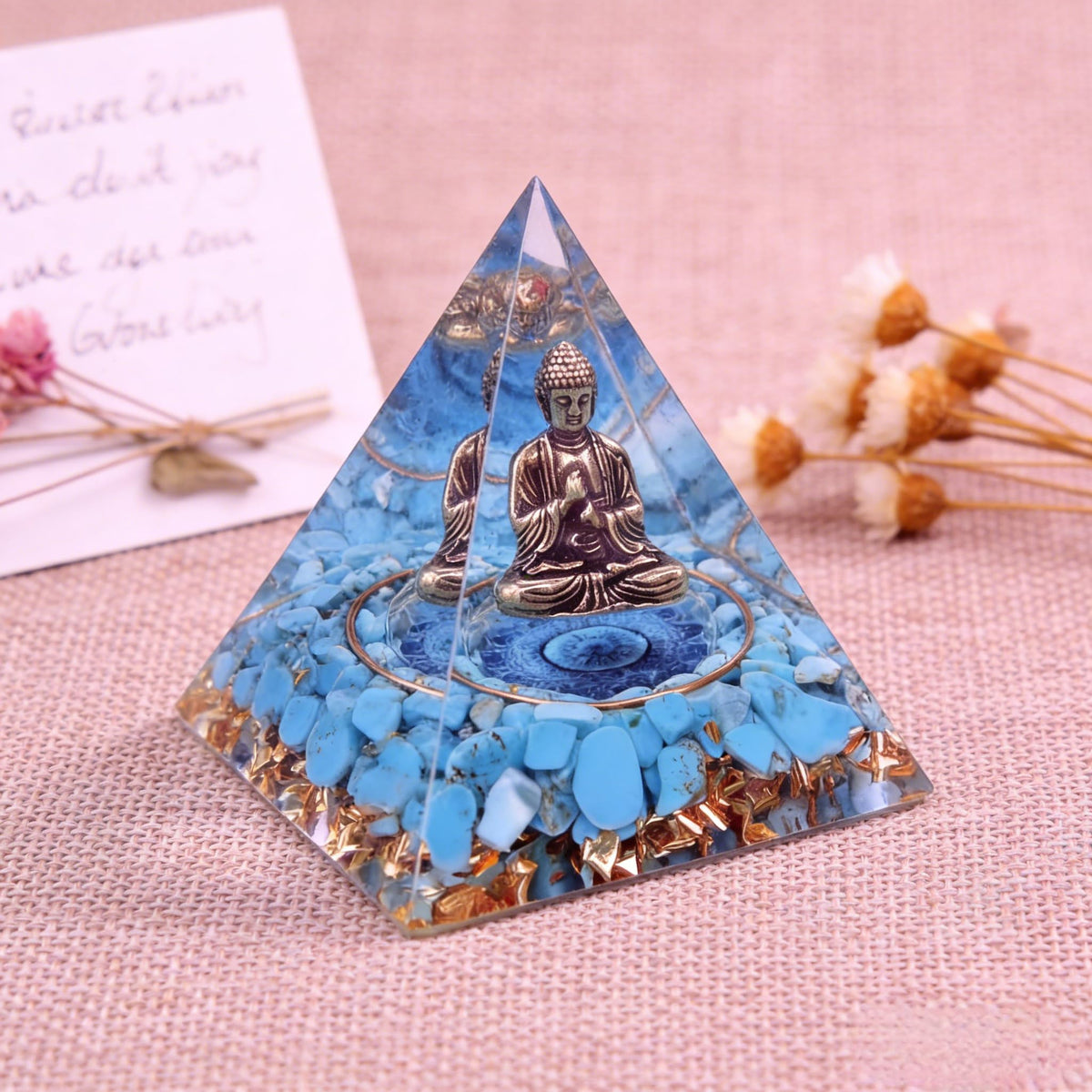 ycyingcheng Moonstone Crystal Orgone Pyramid, Turquoise Ogan Crystal Energy Tower, Bronze Statue Buddha Sculpture Crystal Pyramid for Home Decor (Crystal Pyramid-23)