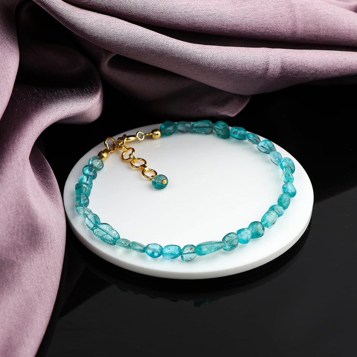 GemSymphony Neon Apatite Gemstone Tumble Bracelet – Hypoallergenic Gold Plated Chain, 7+1 Inch Adjustable, Spring Ring Clasp, Handmade Crystal Bracelet for Women, Natural Stone Healing Jewelry (Neon Apatite)