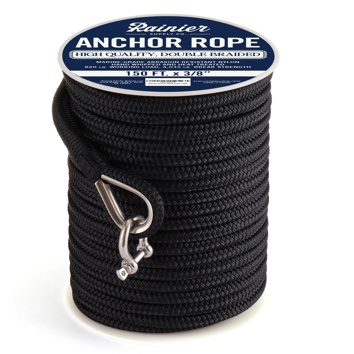RainierSupplyCo Boat Anchor Rope - Double Braided Marine Rope Anchor Line - 150 ft x 3/8 Inch Nylon Boating Line with 316 Stainless Steel Thimble and Heavy Duty Marine Grade Bow Shackle - Black