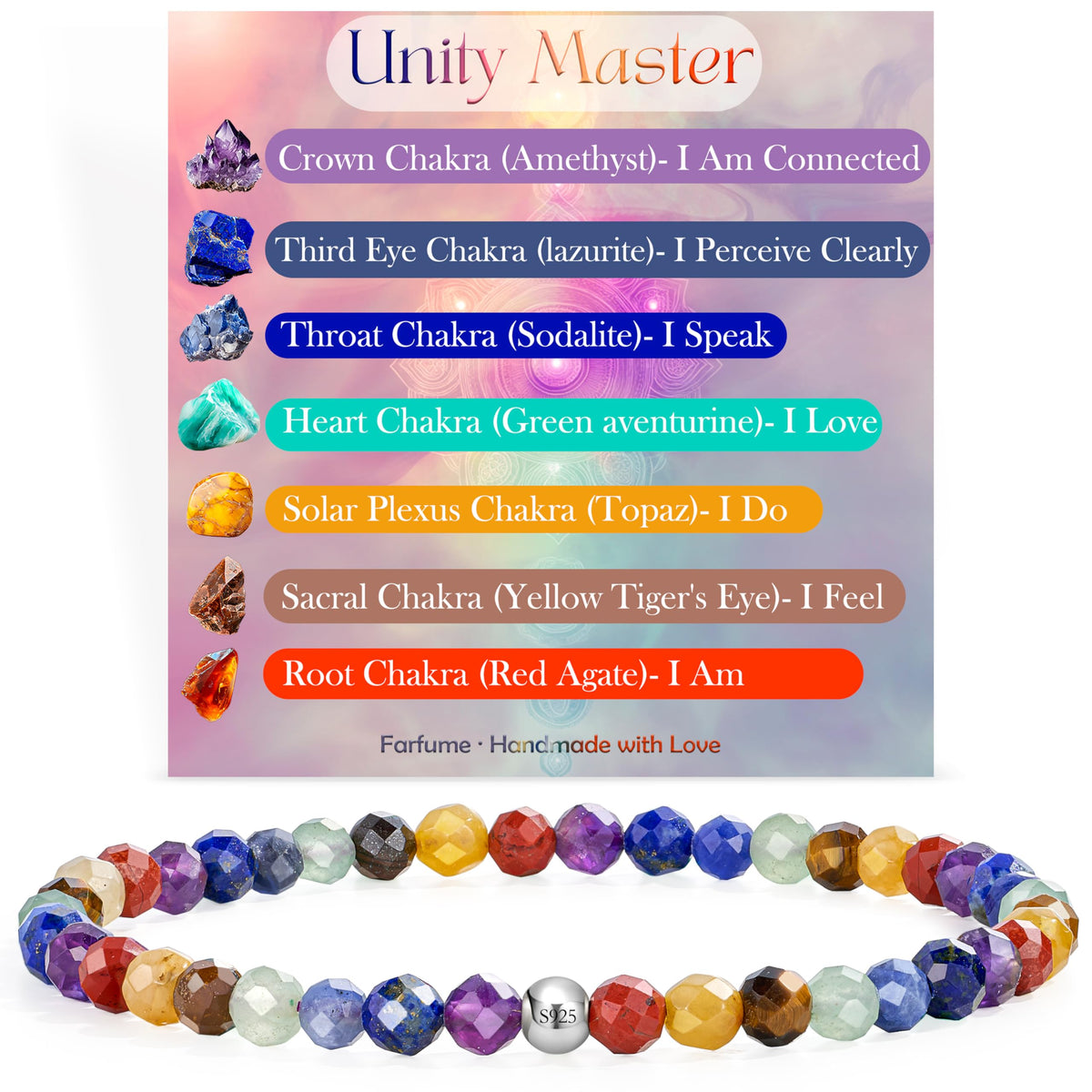 Farfume Chakra - Balance & Harmony - Beaded Bracelets for Women,Handmade Natural Stone 4mm Beads 925 Sterling Silver Stretch Bracelets, Chakra Crystal Gemstone Jewelry Gifts