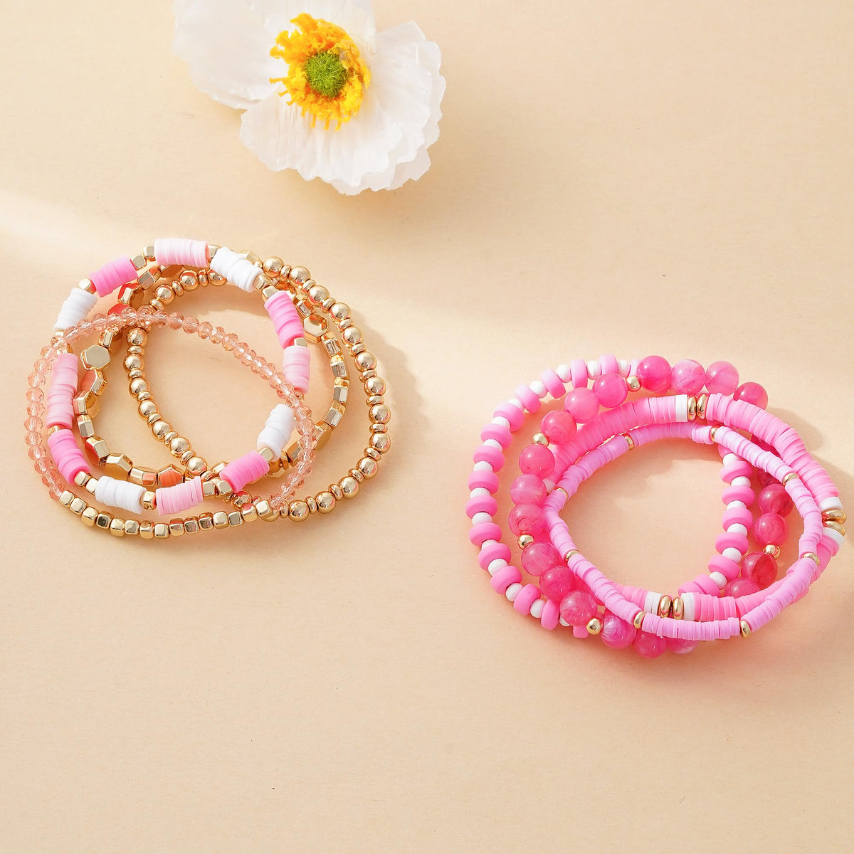 GOOJIDS Pink Surfer Heishi Clay Bead Bracelets for Women Bohemian Stackable Gold Plated Beaded Stretch Bracelets Elastic Layering Friendship Bracelets Set Boho Jewelry