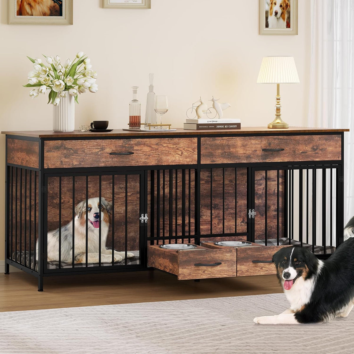 DWVO Double Dog Crate TV Stand with Dog Feeder, 74.8" Wooden Large Dog Kennel with Storage, Double Dog Crate Furniture for 2 Small Medium Dogs, Brown