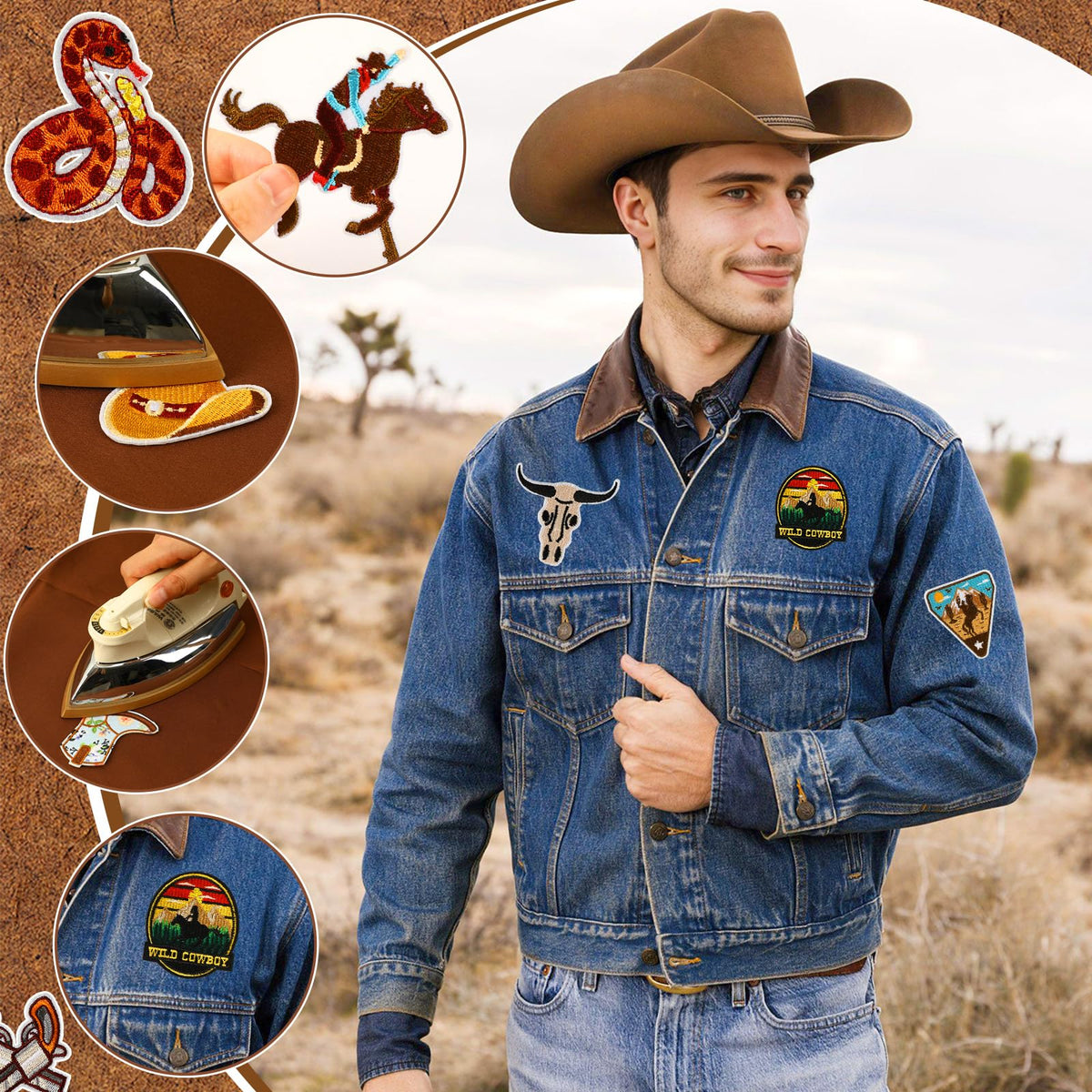 60pcs Western Iron On Patches Random Assorted Styles Brown Theme Iron on Patches for Boys Western DIY Sew Applique Repair Patch Cute Sew on Patches for Clothing Jacket Jeans Pants Dress Backpack Hats