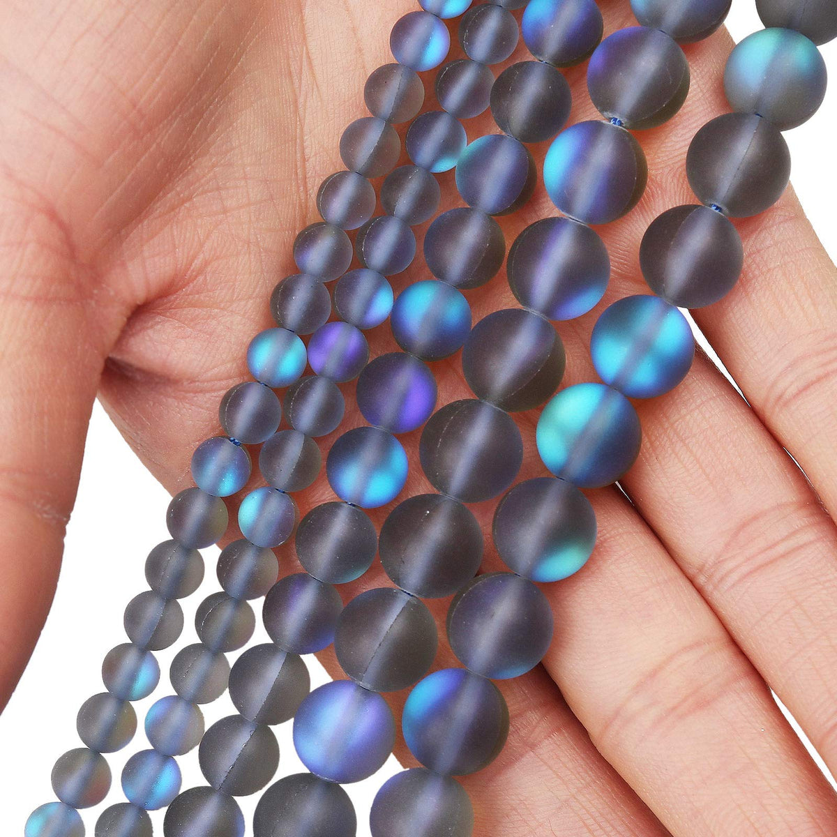 Matte Gray Aurora Crystal Glass Beads, 6MM Frosted Glitter Shining Mermaid Round Loose Beads, Rainbow Holographic Synthetic Moonstone for Jewelry Making DIY Bracelet