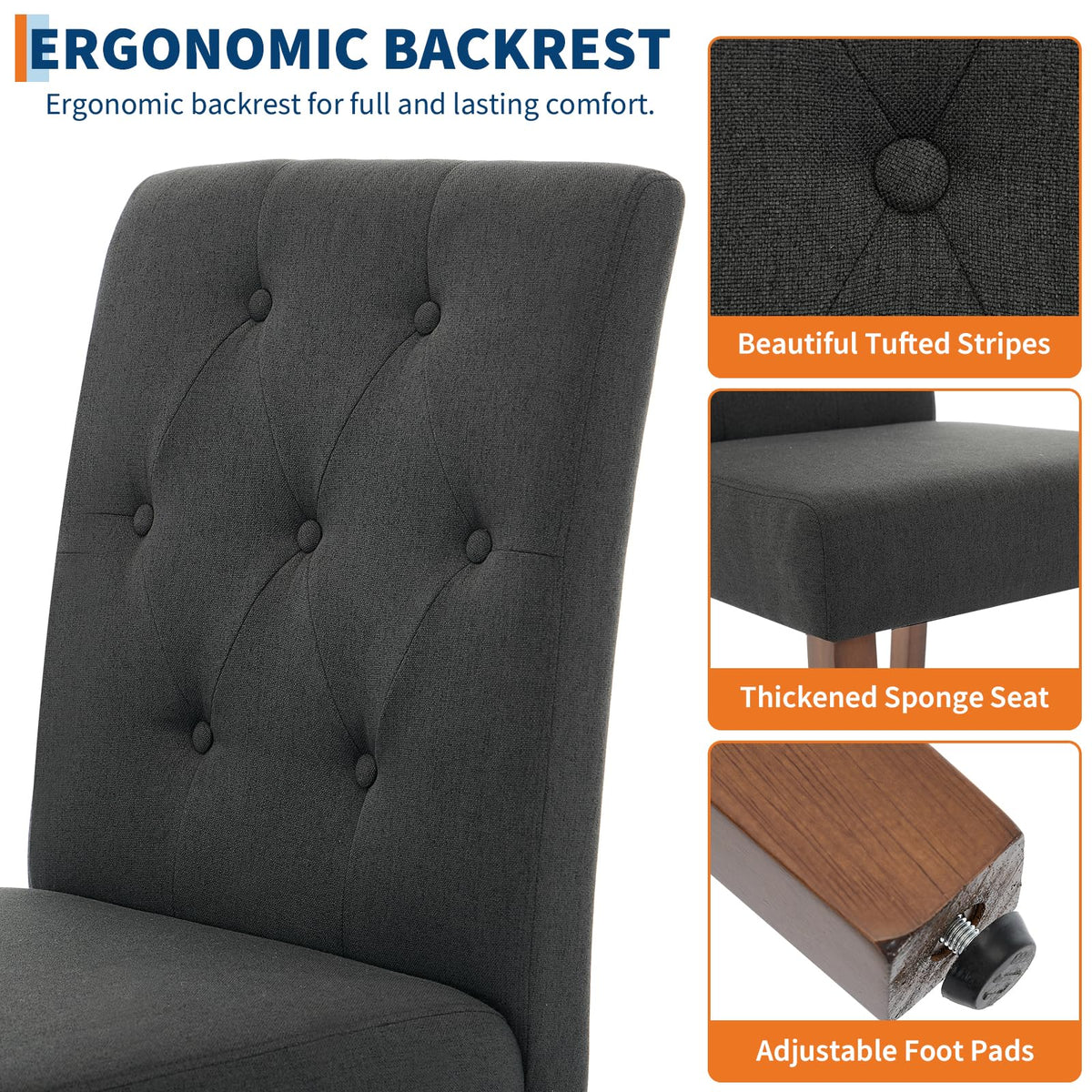 IDEALHOUSE Dining Chairs Set of 6, Linen Fabric Upholstered Parsons Chairs with Rubberwood Legs, Comfortable Padded Seat Kitchen, Dining Room Side Chairs, Living Room Black