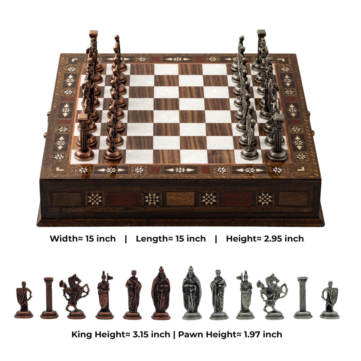 15’’ Handmade Walnut Wooden Chess Set – British Style Metal Chess Pieces – Luxury Storage Chess Board for Adults & Gift for Dad (Walnut)