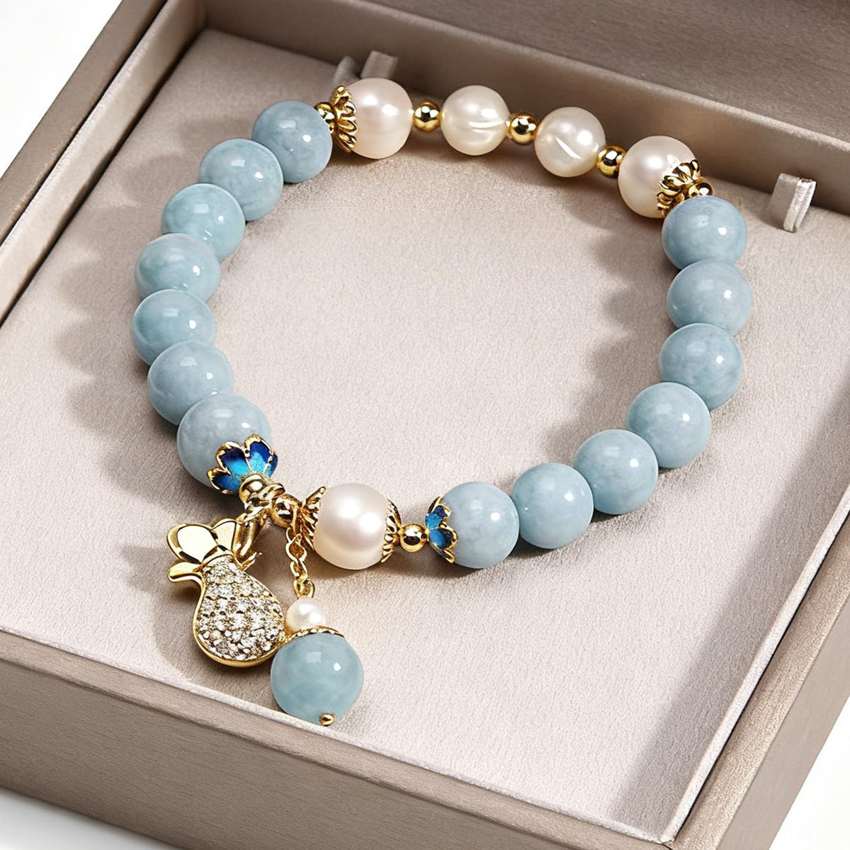 RITIM Natural Aquamarine Bracelet for Women, Lucky Charm Healing Crystal Stone Bracelet with Pearl, Positive Energy Good Luck Jewelry Gift for Friends, Sister, Daughter, Her