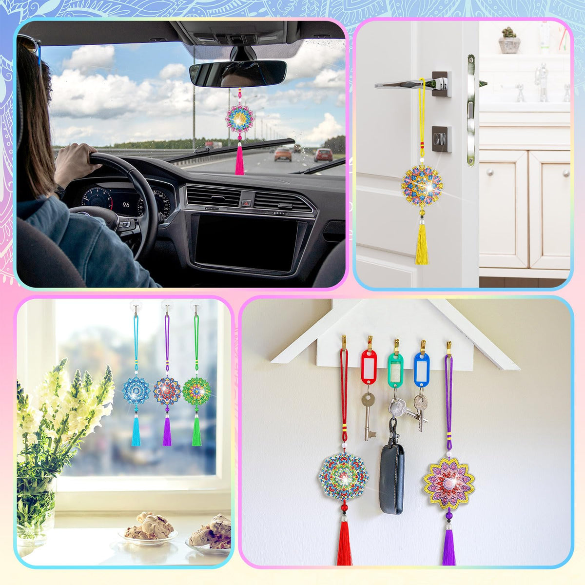 JenPen 12 Pcs Diamond Painting Car Ornaments Diamond Art Ornament for Car Double Sided Painting Hanging Ornament Crystal Gem Garden Decoration Paint DIY Kit (Classic Mandala)