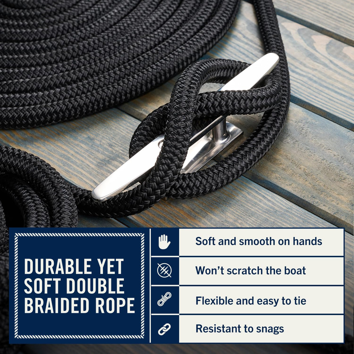 RainierSupplyCo Dock Lines 4-Pack - Boat Rope for Docking with Loop - 15 ft x 3/8 Inch Premium Double Braided Nylon Marine Rope - Mooring Line with 12" Eyelet - Boat Accessories - Black