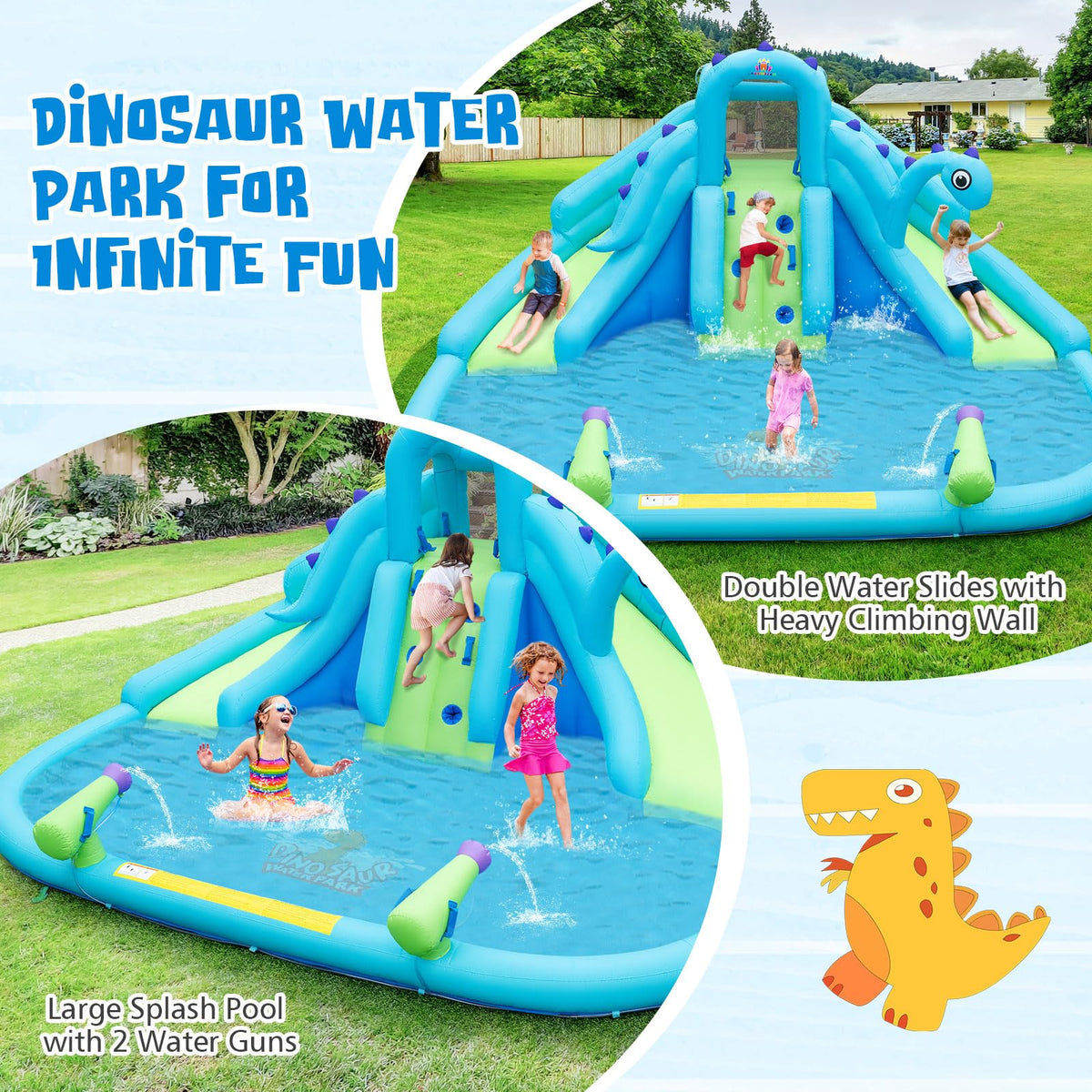 BOUNTECH Inflatable Water Slide Park with Dinosaur, Double Slides Mega Water Park Bounce House with Climbing Wall, Bouncy Castle for Outdoor Backyard, Blow up Water Slides Inflatables for Big Kids