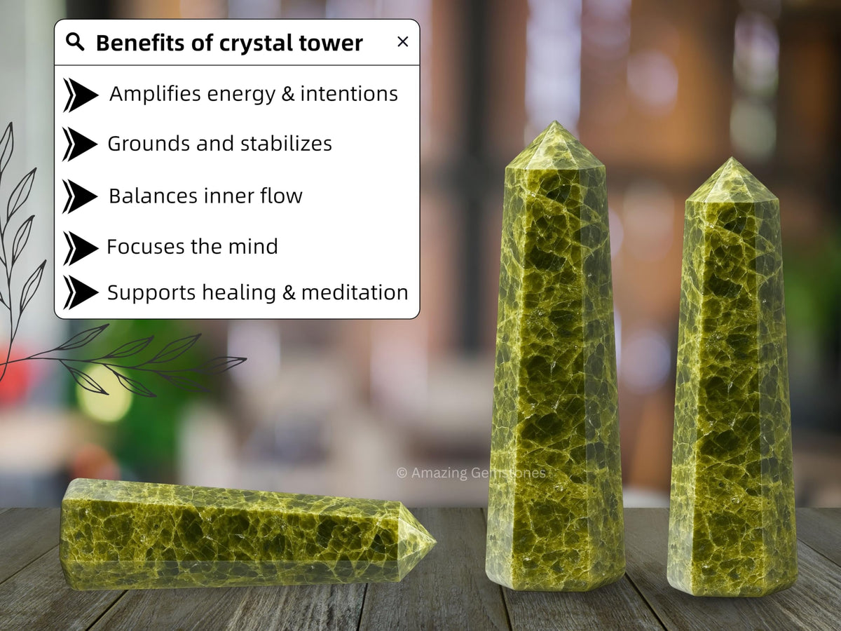 Amazing Gemstone Green Tourmaline in Matrix Crystal Towers - Natural Healing Crystal Point Obelisk for Reiki Healing and Crystal Grid (3" to 4" INCH)