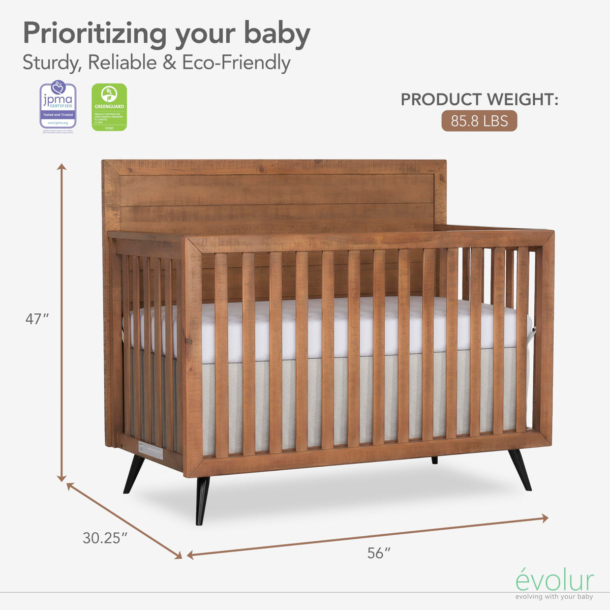 Evolur Stilnovo Mid-Century 4-in-1 Convertible Crib in Sugarcane – Greenguard Gold Certified, Solid Wood Construction, 3 Mattress Heights – Converts to Toddler, Daybed & Full-Size Bed