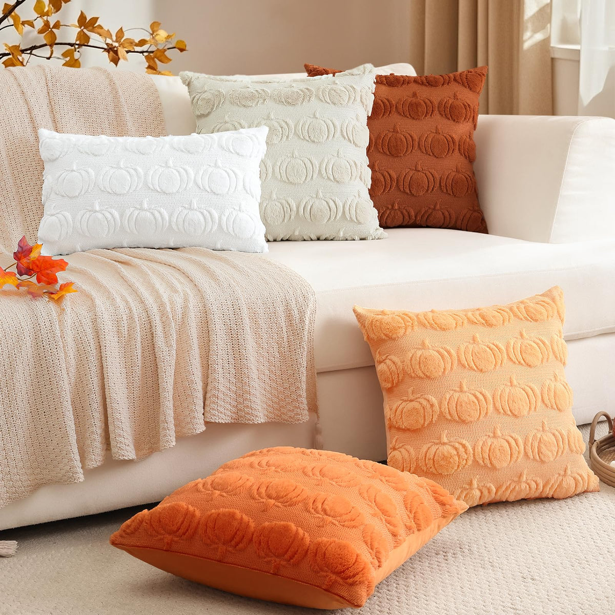 Artscope Fall Pillow Covers 18 x 18 Set of 2 Decorative Autumn Harvest Holiday Pumpkin Throw Pillow Cases Soft Plush Faux Fur Couch Cushion Case for Farmhouse Halloween Sofa Bed Room Decor-Light Gold