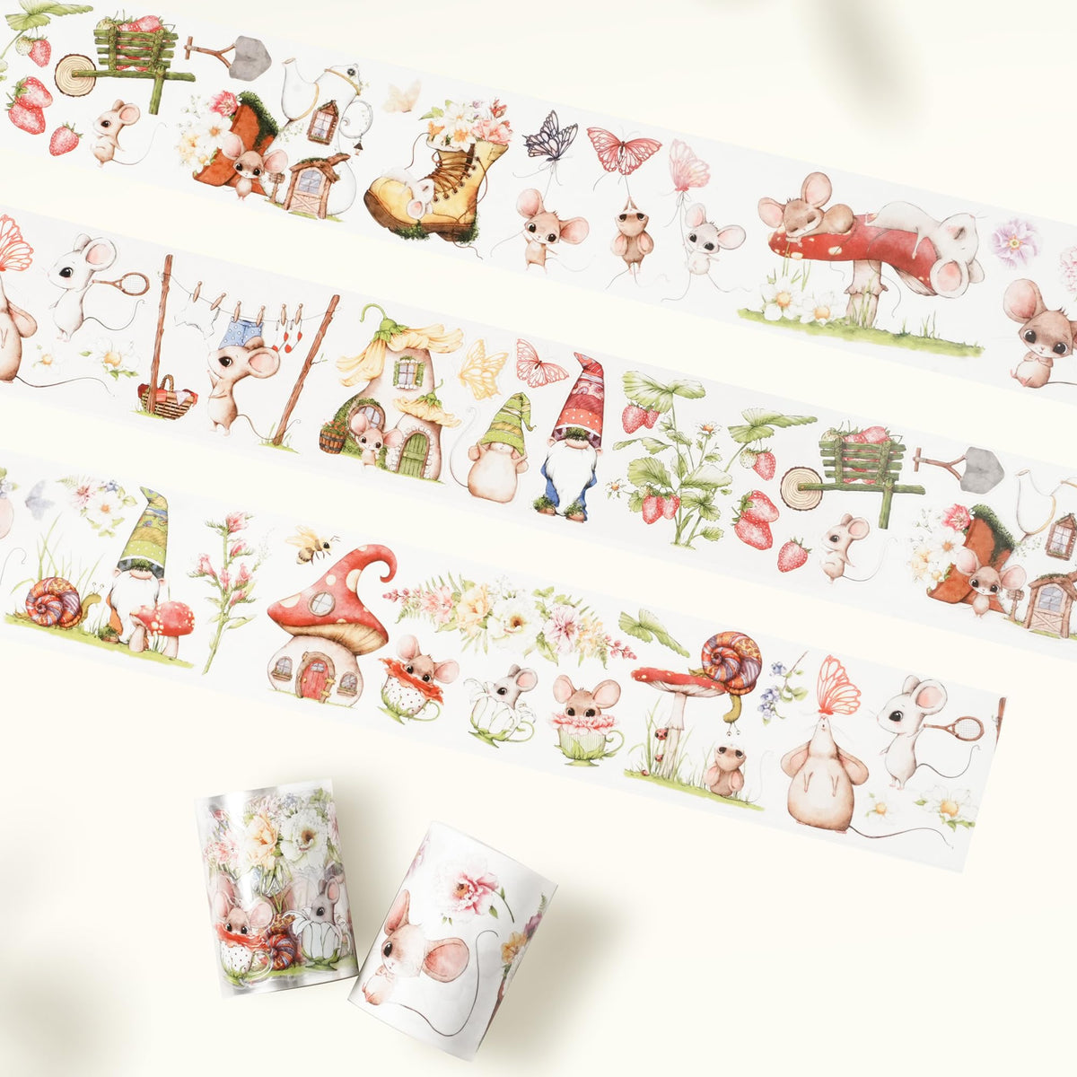 WT Pre-Cut Squeaky Mischief Wide PET Tape, 1 Roll, Original Playful Cartoon Mice & Whimsical Garden Designs, Transparent Clear Adhesive Tape for Scrapbooks, Junk Journals, Planners, DIY Crafts & Gifts