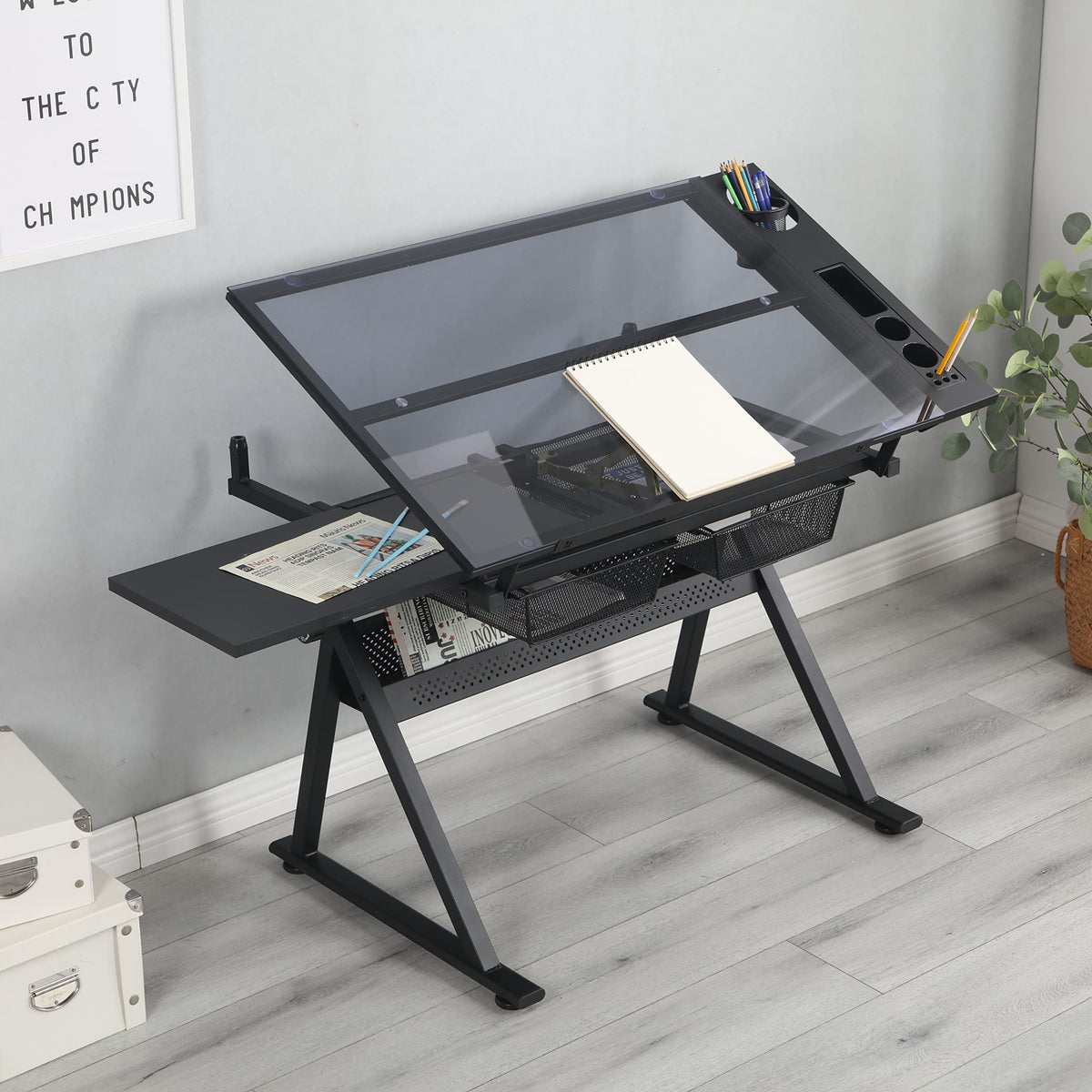Adjustable Tempered Glass Drafting Table with Chair, Multi-Purpose Writing Desk for Home Office, Standing Desk, Gaming Desk, Computer Desk with Storage, Long Desk for Small Spaces,A1