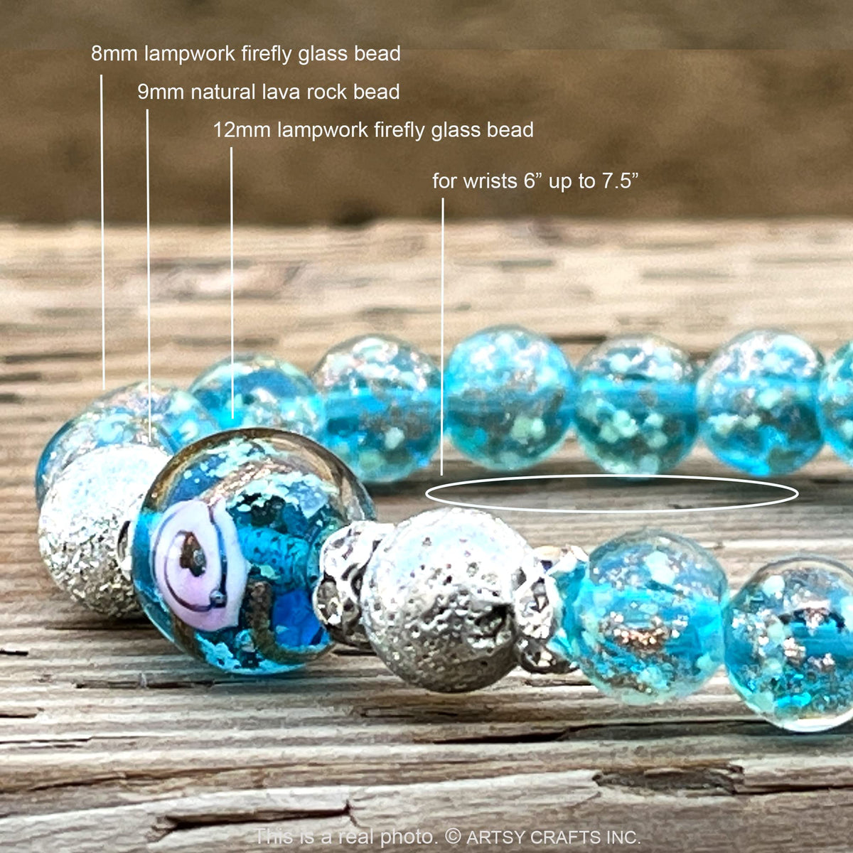 ARTSY Crafts Glow in the Dark Firefly Beads Bracelet for Women, Luminous Glass Beads Healing Crystal Glowing Beaded Bracelets, Mermaid Bracelet, Stretch Stackable Bangle Wristband (Sky Blue)