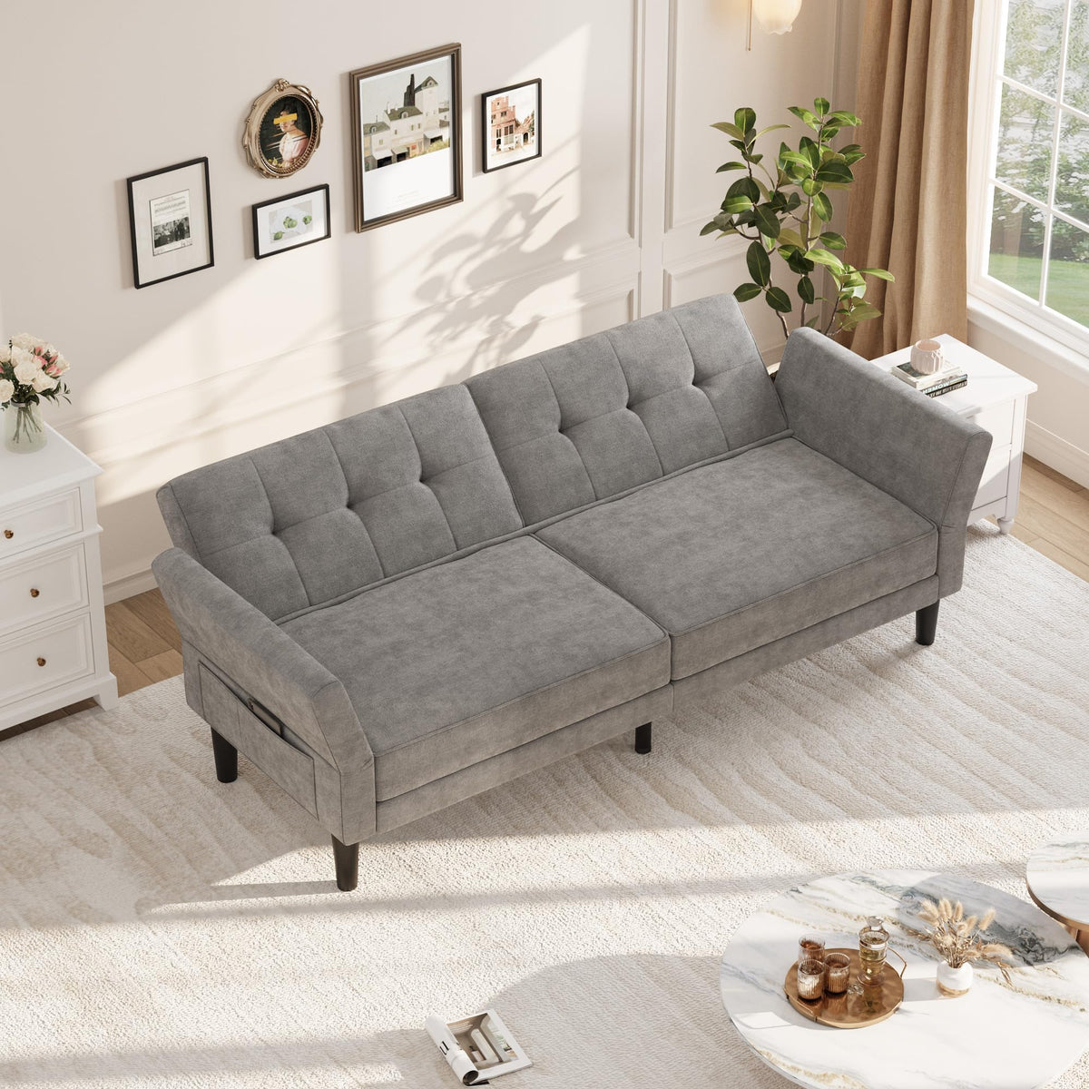 Garvee 89" Futon Sofa Bed, Modern Futon Couch Bed with Adjustable Backrest & Armrest, Comfy Convertible Sleeper Couch for Living Room Bedroom Apartment, Grey
