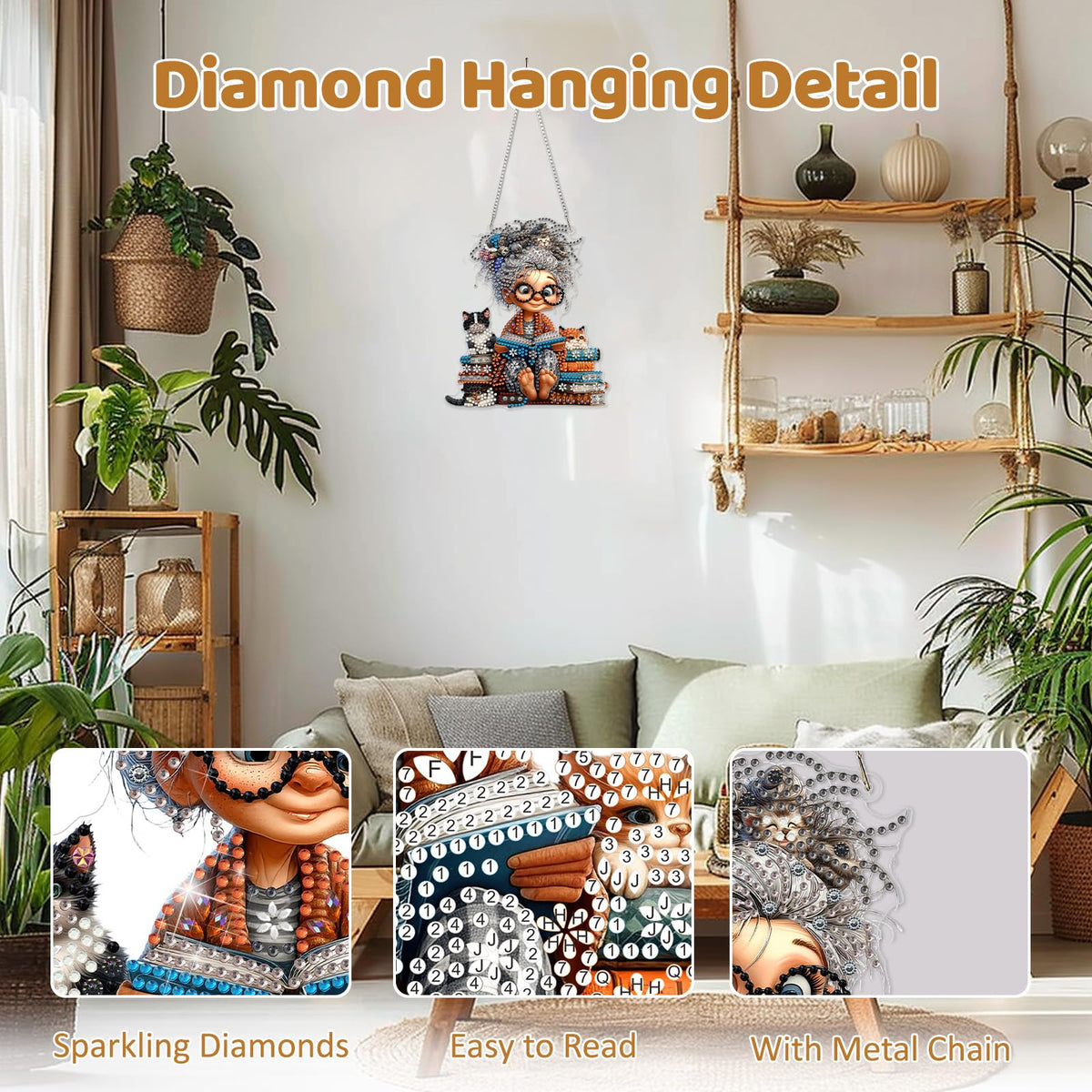 MEIYUDA Grandma Diamond Art Hanging Kits for Adults Beginners, Book Grandma Diamond Painting Kit Ornaments, DIY Special Shaped Rhinestone Window Pendants Kit for Home Garden Wall Decor Gift