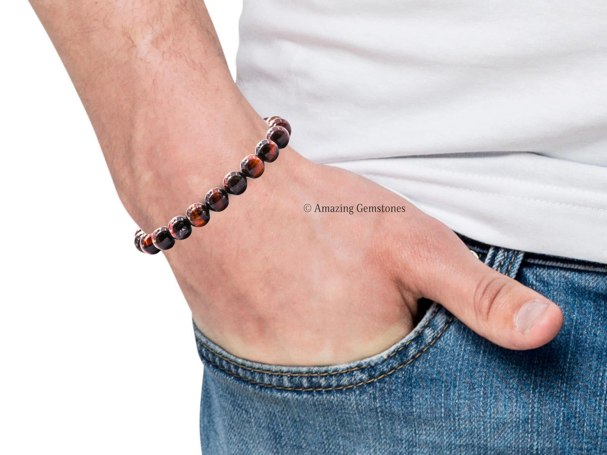 Amazing Gemstone Red Tiger Eye Bracelet, Gifts For Men & Women - Protection Healing Crystal Bracelet - 8mm Gemstone Beaded Adjustable Bracelet, Pulseras Para Hombres Mujer Stocking Stuffers