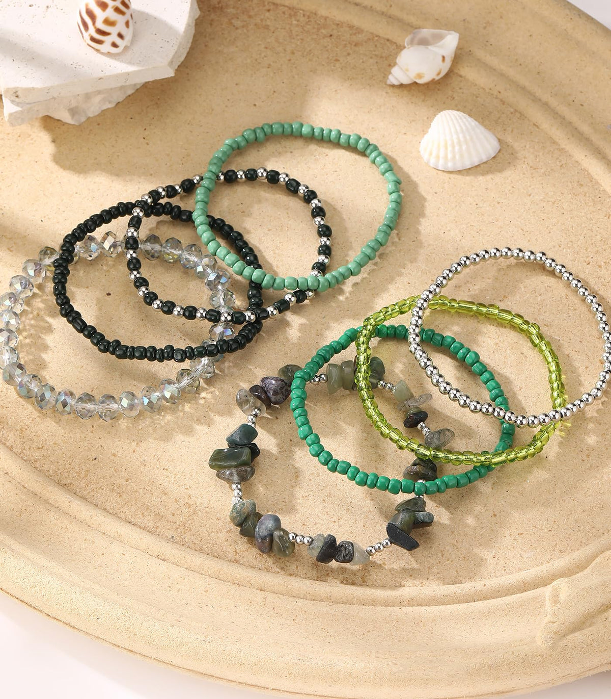 Noessla Boho Beaded Bracelets for Women Stackable Irregular Natural Stone Bead Stretch Bracelet Set 8PCS Costume Jewelry Gifts for Her(Green)