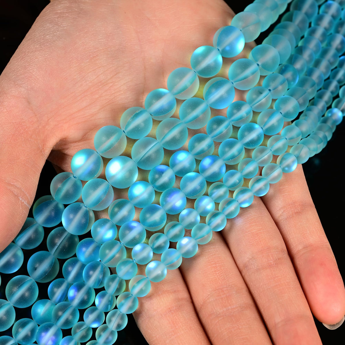8mm Matte Aqua Blue Mermaid Aurora Crystal Glass Bead, Glitter Round Synthetic Moonstone Beads for Jewelry Making Bracelets