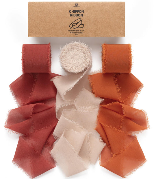 Vitalizart Fall Handmade Chiffon Silk Ribbon Fringe 1.5" x 21 Yd Terracotta Frayed Edges Ribbons for Wedding Invitations Bridal Bouquets Gifts Wrapping Crafts Holiday Party Decorations