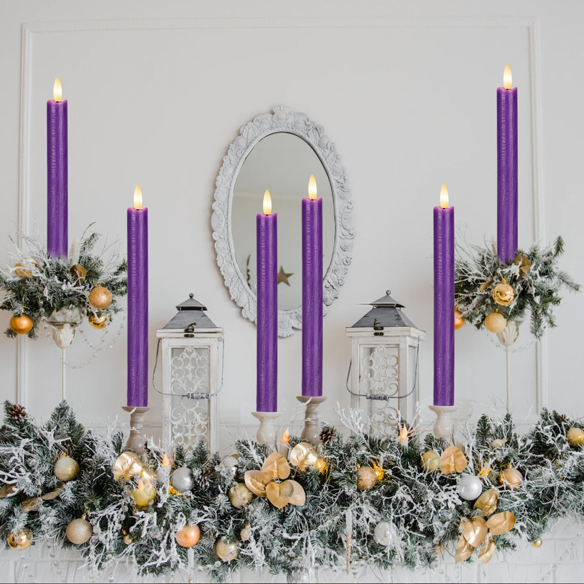 AFINETH Purple Flameless Taper Candles with Remote, 3 Pack Real Wax Battery Operated Candles, 9.6 Inch Flickering Led Christmas Candlesticks Decorations for Winter Home Holiday Xmas Gift