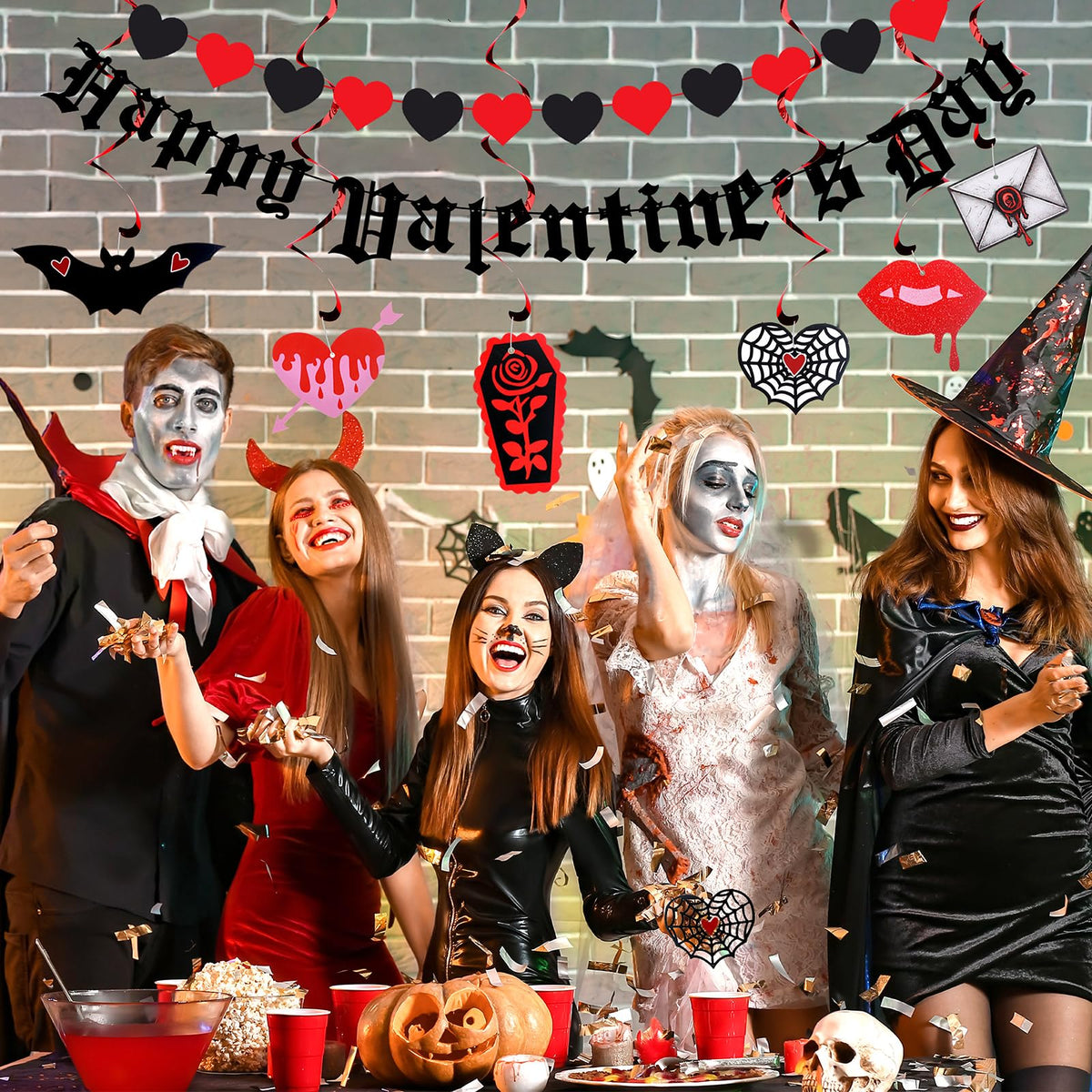 Janinka Gothic Valentines Decor Spooky Goth Valentine Day Decor Black Romantic Gothic Heart Garland Black Bat Theme Banner Garland Pre-assembled Hanging Heart Swirls for Wedding Engagement Anniversary
