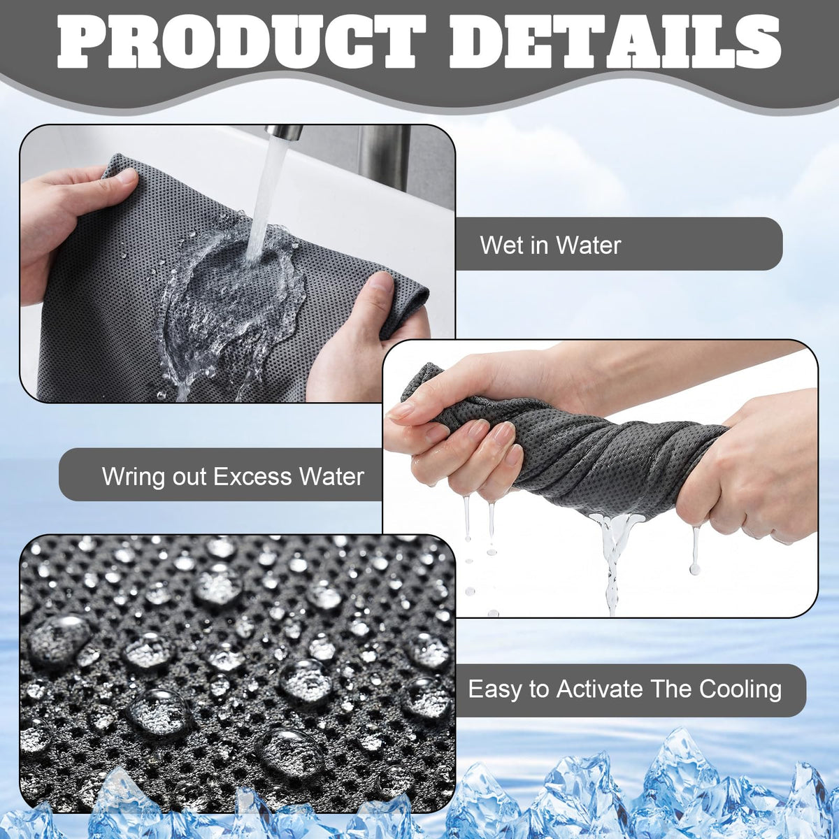 Honoson 60 Pcs Cooling Towel Bulk - 28" x 16" Neck & Face Cool Chilly Towels Microfiber Breathable Sport Sweat Rag for Gym, Yoga, Travel, Camping, Running, Outdoor(Dark Gray)
