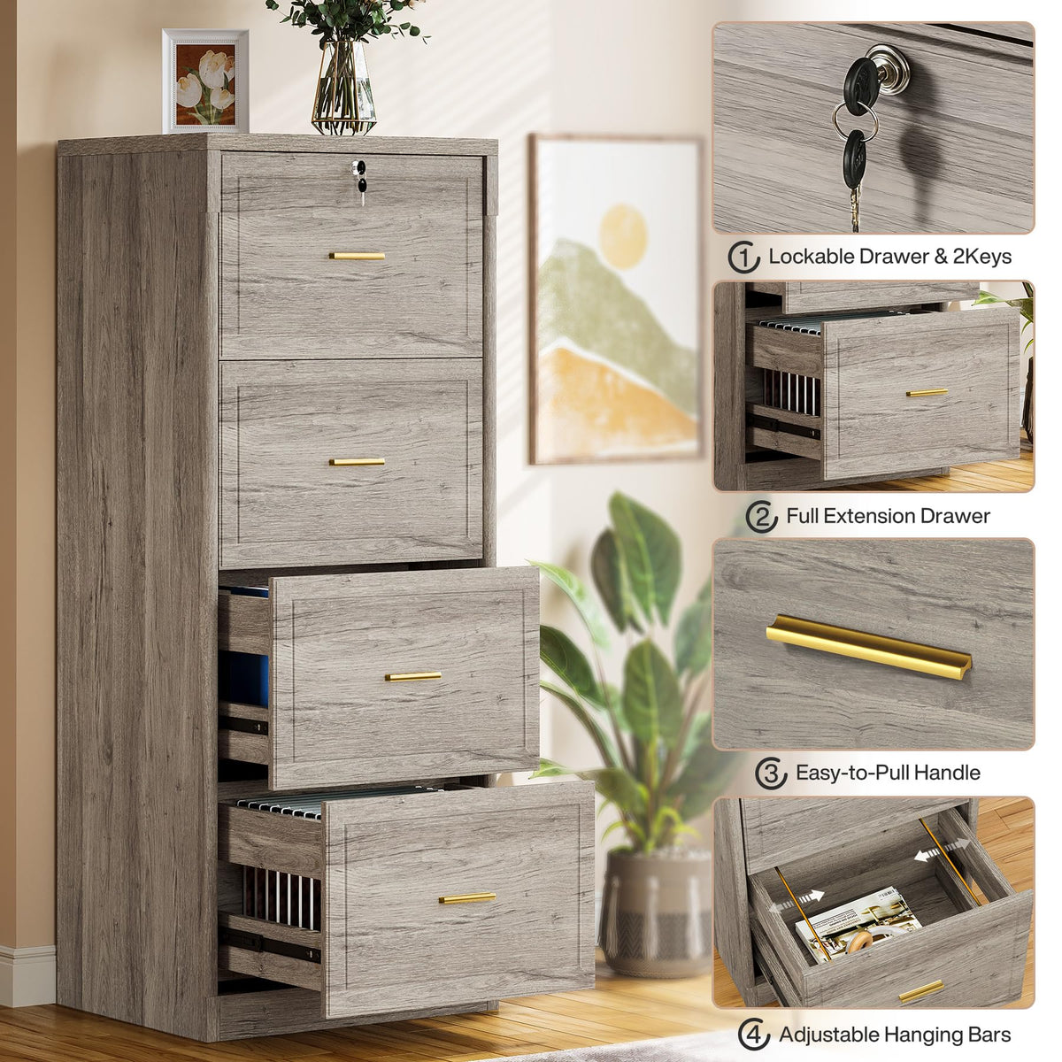 Tribesigns 4-Drawer File Cabinet with Lock, Locked File Cabinet with Key, Tall Wooden Filing Cabinets for Home Office, Vertical Office Storage for Legal Size/Letter/A4/Files, Grey