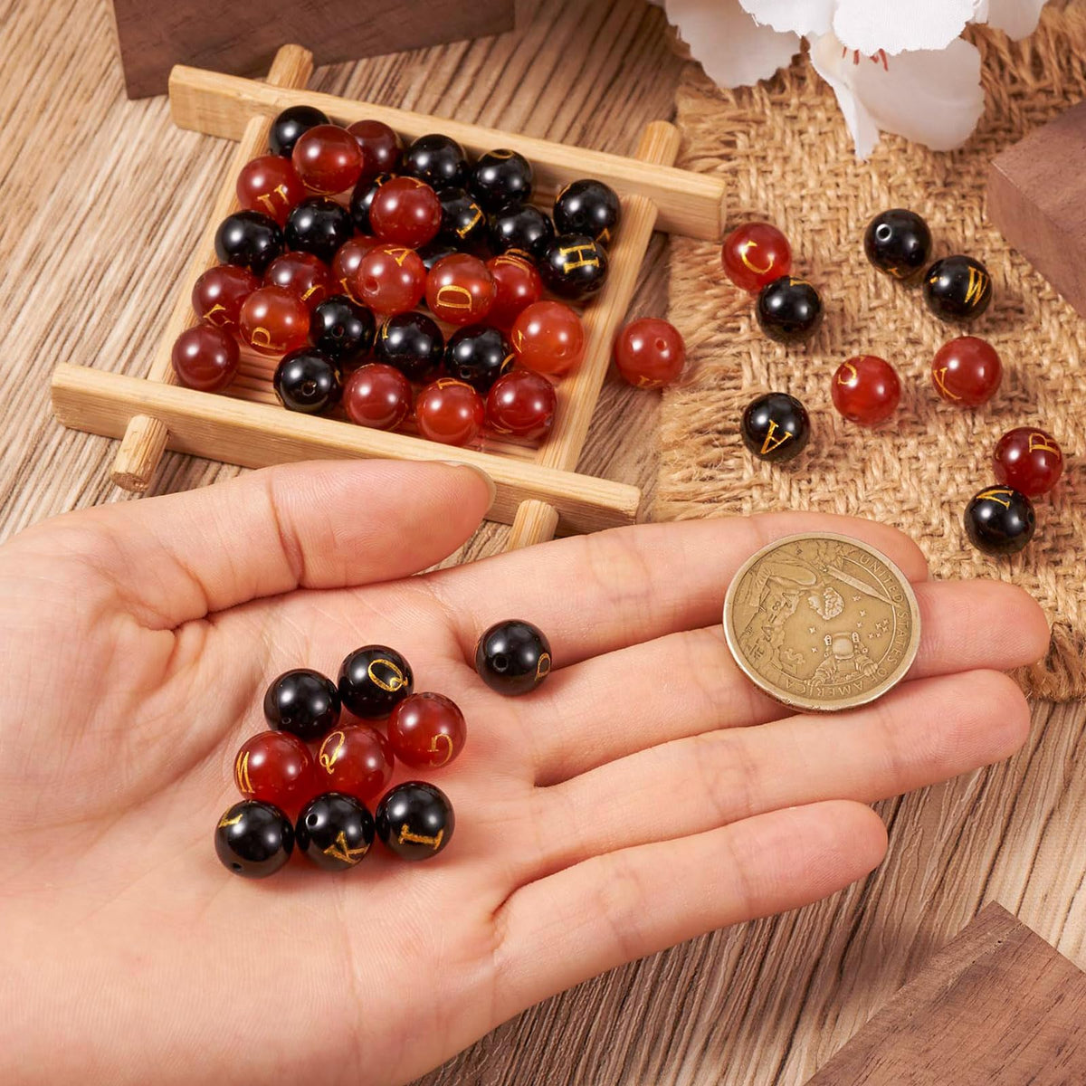 52Pcs 10mm Natural Agate Gemstone Beads A~Z Letter Beads Black Red Agate Stone Bead Natural Round Gemstone Alphabet Bead for DIY Name Bracelet Jewelry Making
