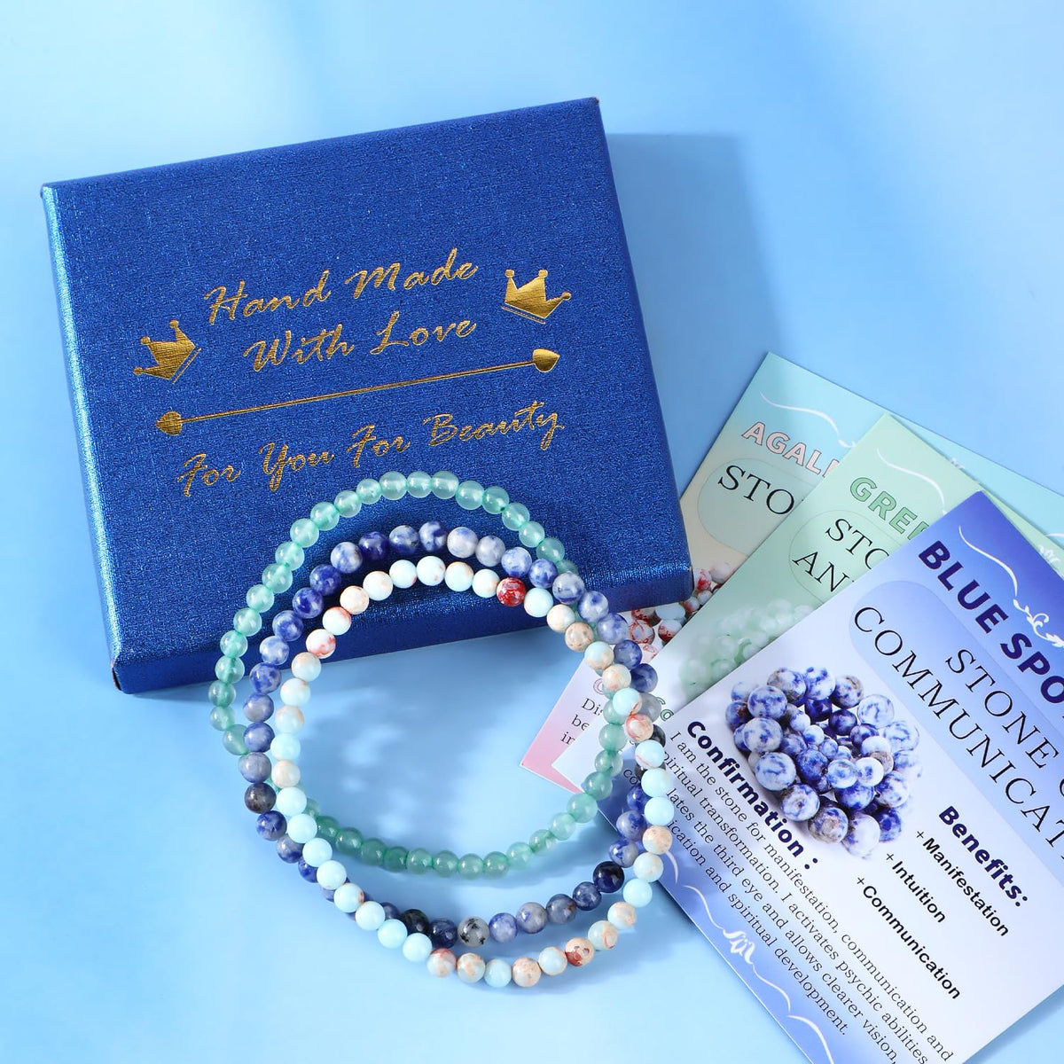 CMBYN 3-Pieces 4mm Natural Crystal Gemstone – ﻿Agalmatolite Jasper, Blue Spot, Green Aventurine Handmade Reiki Energy Healing Stretch Bracelets Jewelry for Yoga, Meditation, Unisex