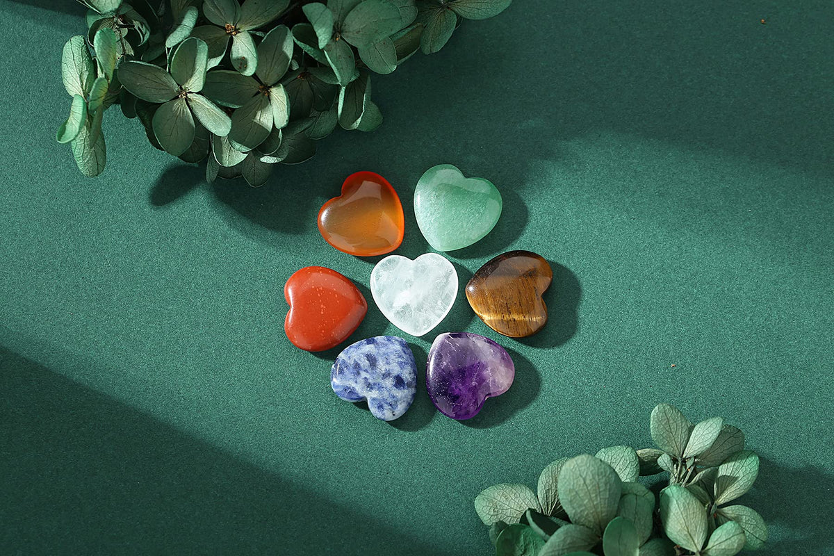 YATOJUZI 7 Chakra Natural Heart Healing Crystals Rose Quartz Amethyst Heart Love Stones Set Bulk Polished Pocket Palm Thumb Gemstones Chakra Reiki Balancing 0.8 inches