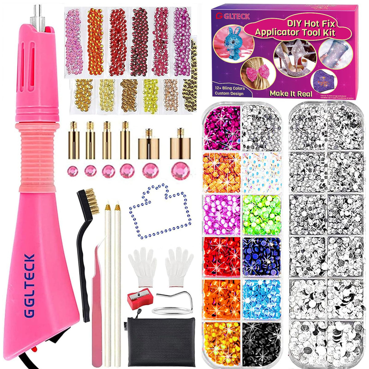 GGLTECK Hotfix Applicator Rhinestones - Hot Fixed Bedazzler Kit, DIY Hot Fix Rhinestone Applicator with 7 Different Sizes Tips, 5304 PCS Rhinestones, Tweezers Brush Cleaning Kit