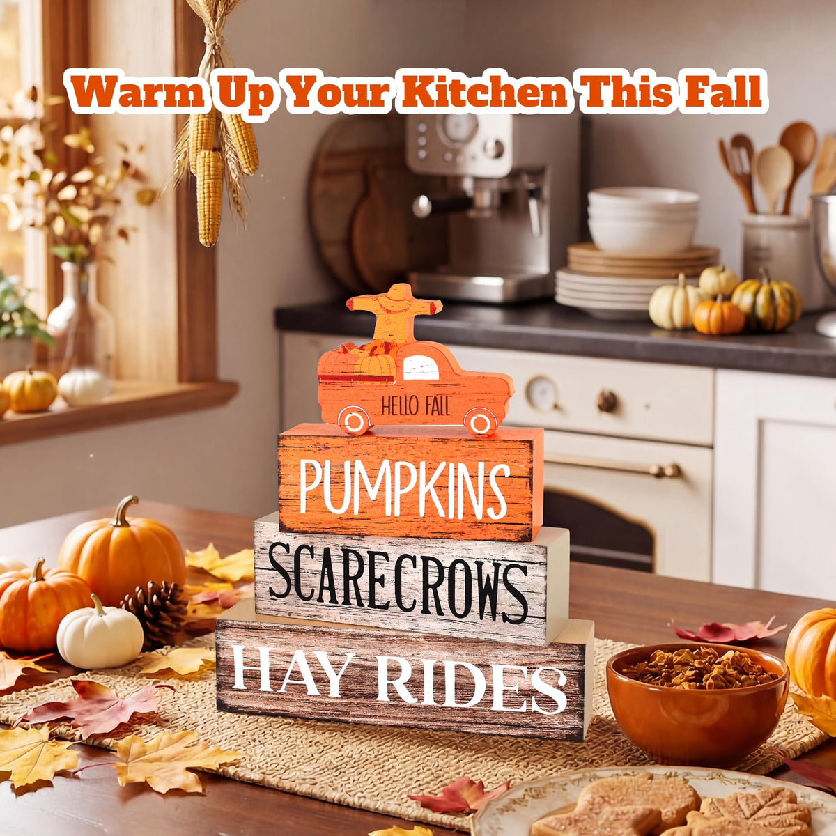 4 Pcs Fall Decor Wooden Tiered Tray Decor, Pumpkins Car Autumn Decorations Gifts for Home, Thanksgiving Table Centerpiece for Autumn Harvest Party Kitchen