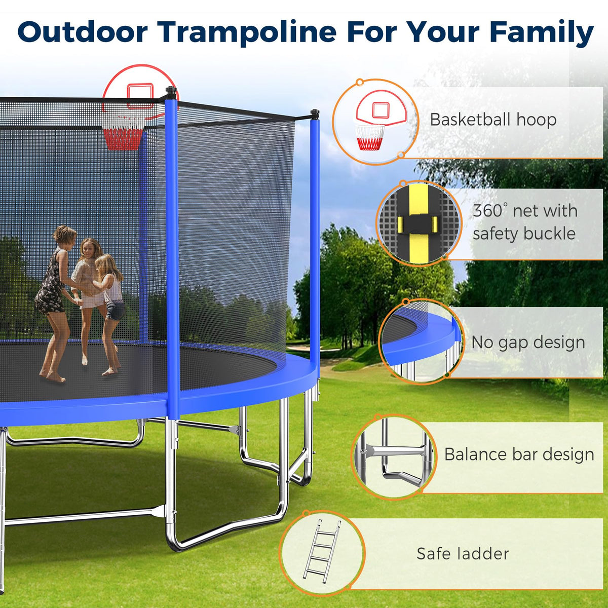 Tatub Upgrade 16FT Trampoline for Kids and Adults, Outdoor Recreational Trampolines with Basketball Hoop & Enclosure Net, Blue