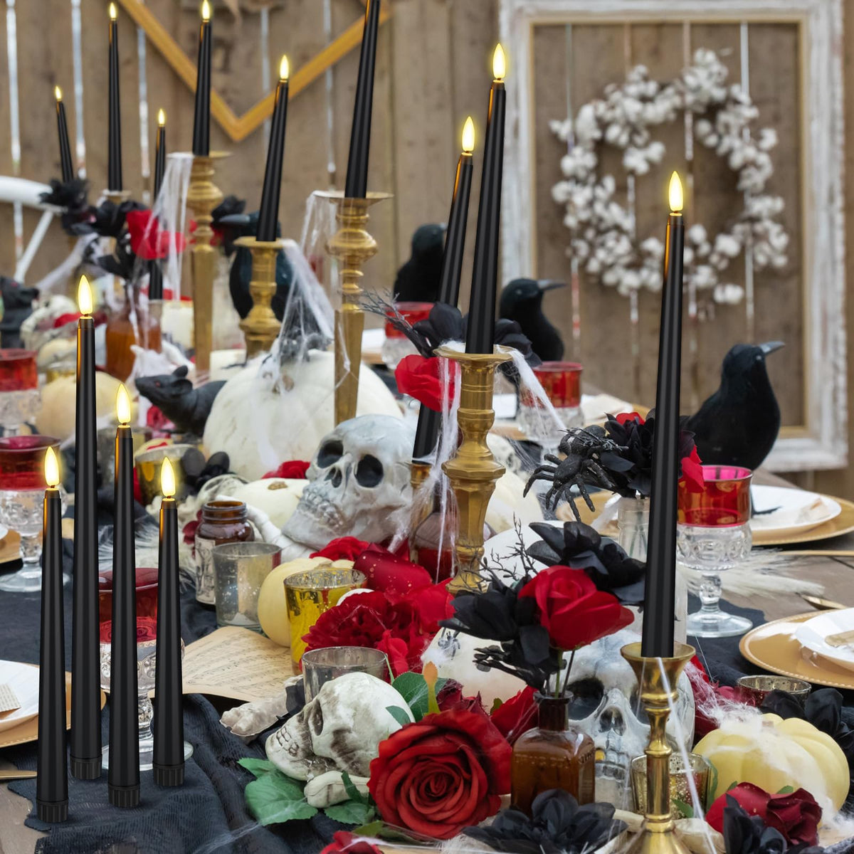 Rossesay 24 Pcs Flameless LED Taper Candles Battery Operated Candle 8.5", 9.65", 10.8", 12.8" Flameless Candlesticks Flickering for Christmas Church Wedding Indoor Decoration(Classic, Black)