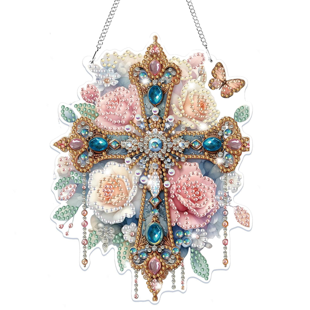 Bowetile Hanging Diamond Art Cross Kits for Adults, 5D Special Shape Diamond Painting Flower Kits, Cross Diamond Gem Art Suncatchers Painting Pendant Ornament for Home Garden Wall Decor