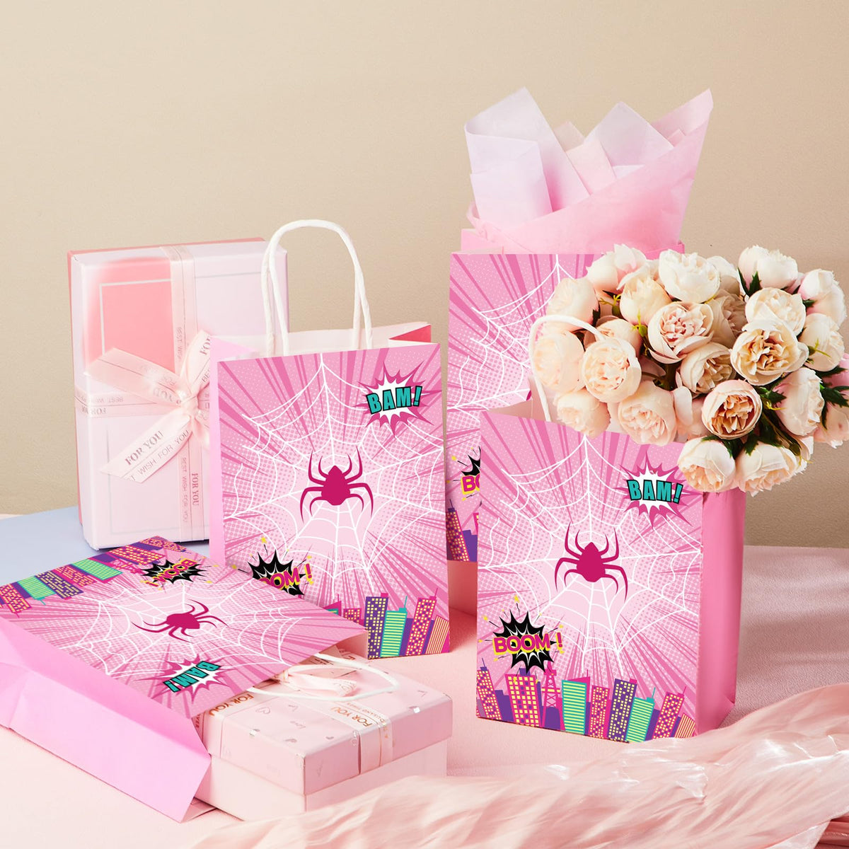 Henoyso 24 Pcs Pink Spider Party Favor Goodie Bags with Handles Pink Ghost Theme Birthday Decorations Treat Candy Snack Gift Bags for Baby Shower Birthday Party Supplies