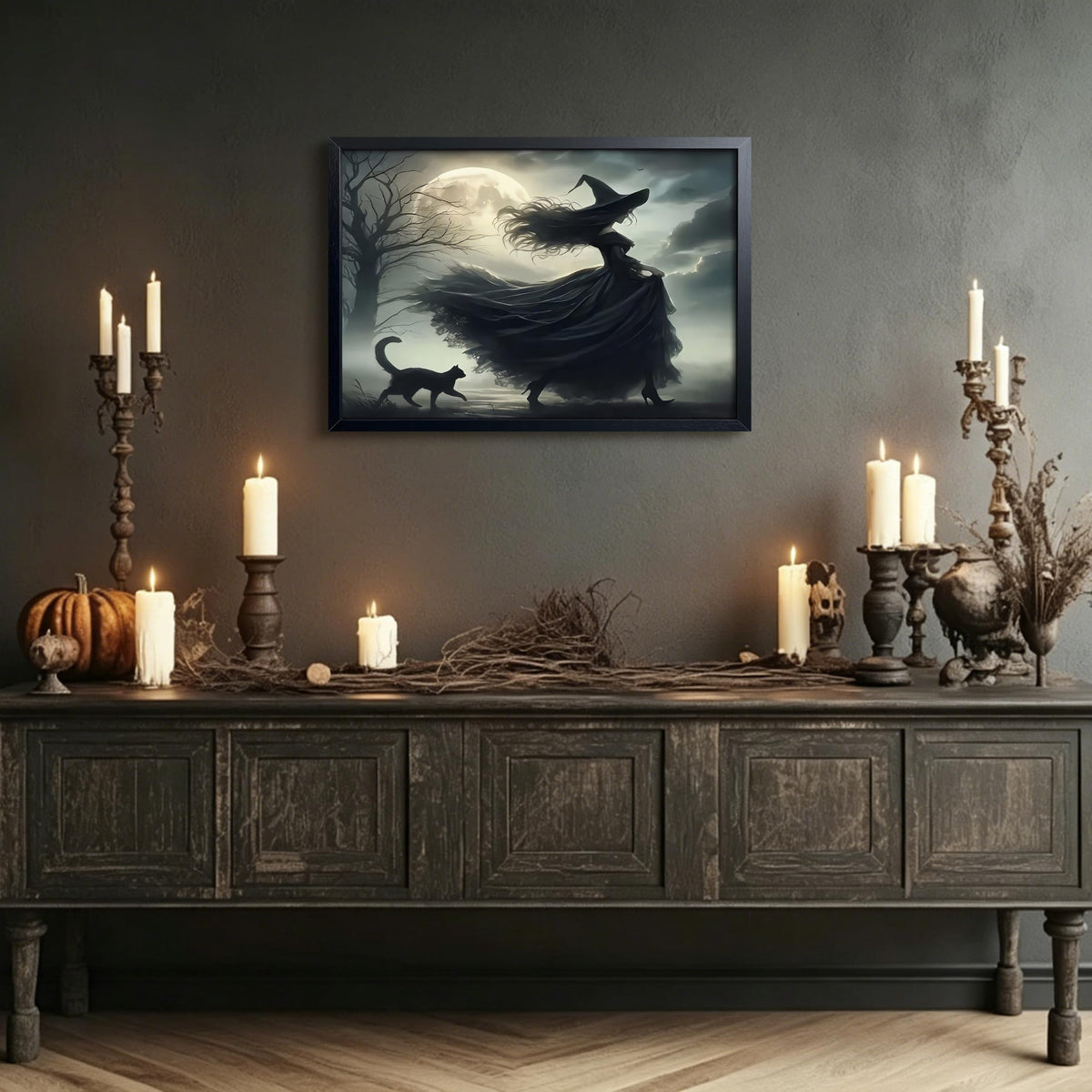 wanyun Dark Witch Wall Art Canvas Framed Poster Print Picture, Gothic Moonlight Witch Artwork Oil Painting, Spooky Halloween Horror Wall Decor for Bedroom Living Room Home Office Decor 16x24 Inch