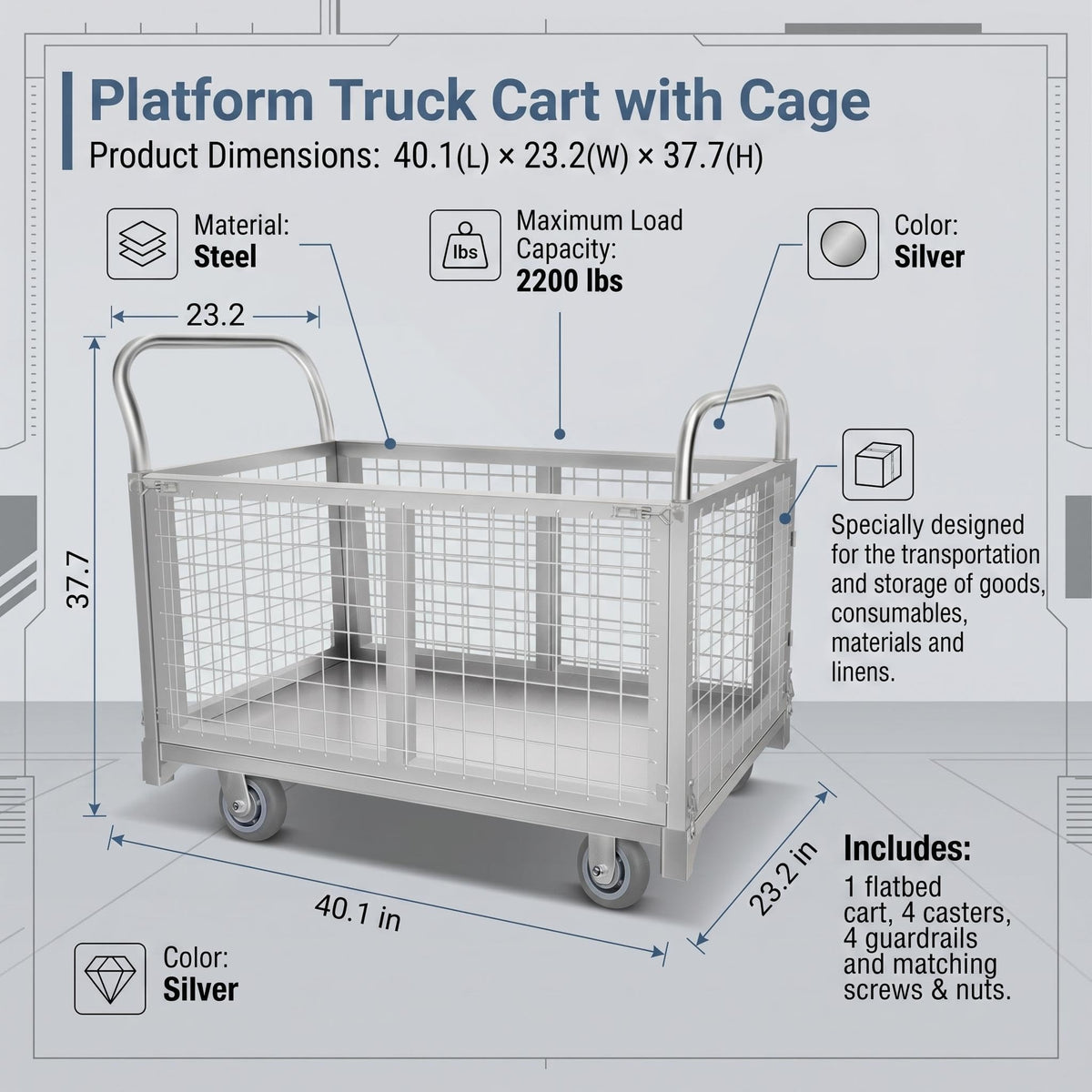 Silver Warehouse Storage Cart, Moving Cart for Large Dogs Travel, 661lb Weight Capacity