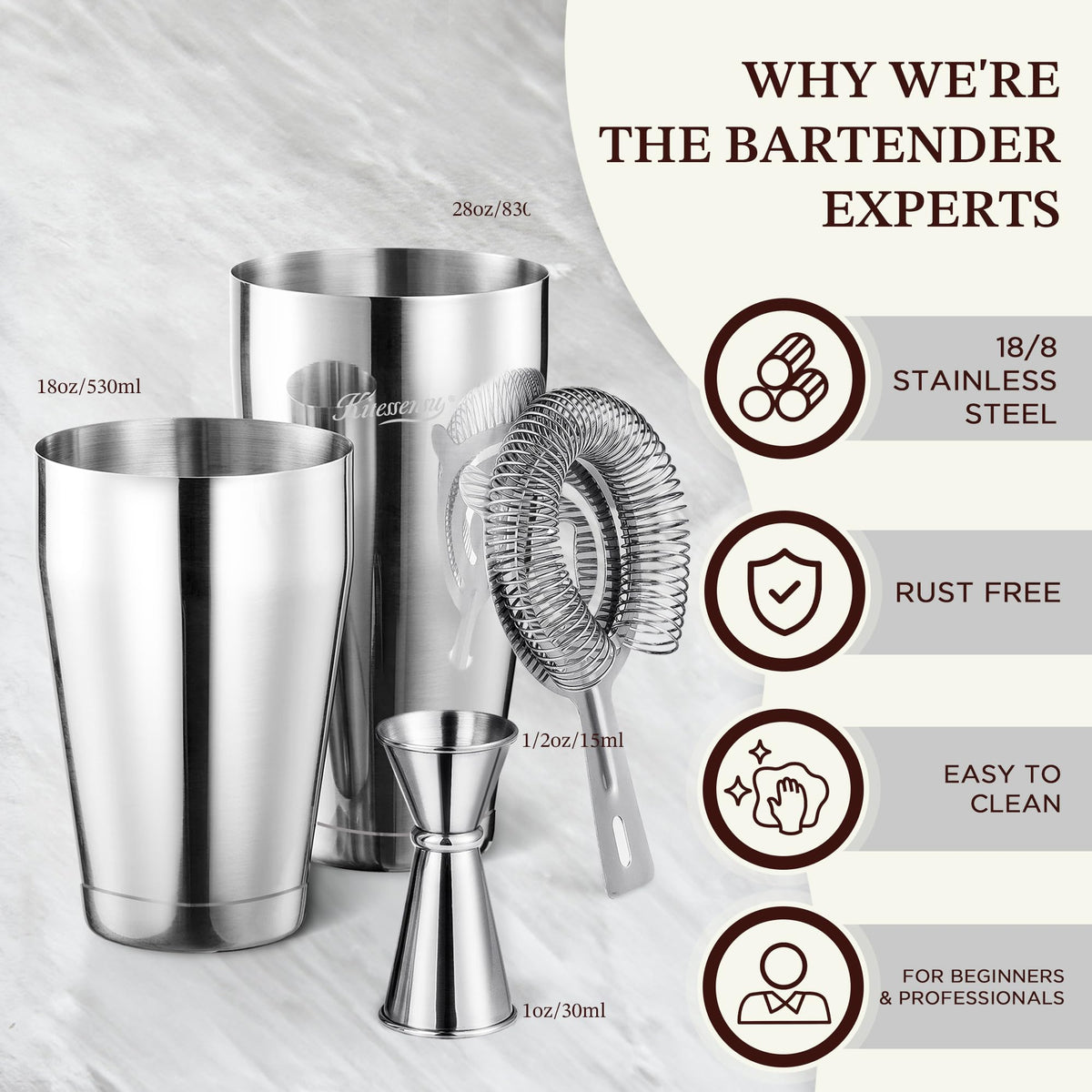 KITESSENSU Boston Cocktail Shaker Set, 8-Piece Professional Bartender Kit with Stainless Steel Martini Drink Mixer, Hawthorne Strainers, Double Jiggers, Dishwasher Safe Bar Tools for Home Bars & Gifts