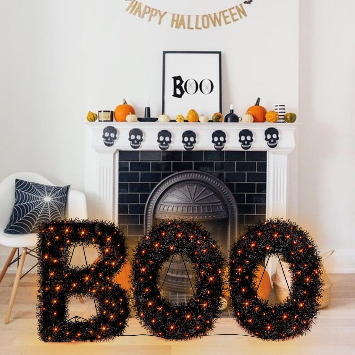 ATDAWN 3 Piece Outdoor Boo Sign Halloween Decoration, Lighted Boo Yard Display Set, Boo Yard Sign for Halloween Indoor Lawn Decor, Black & Orange