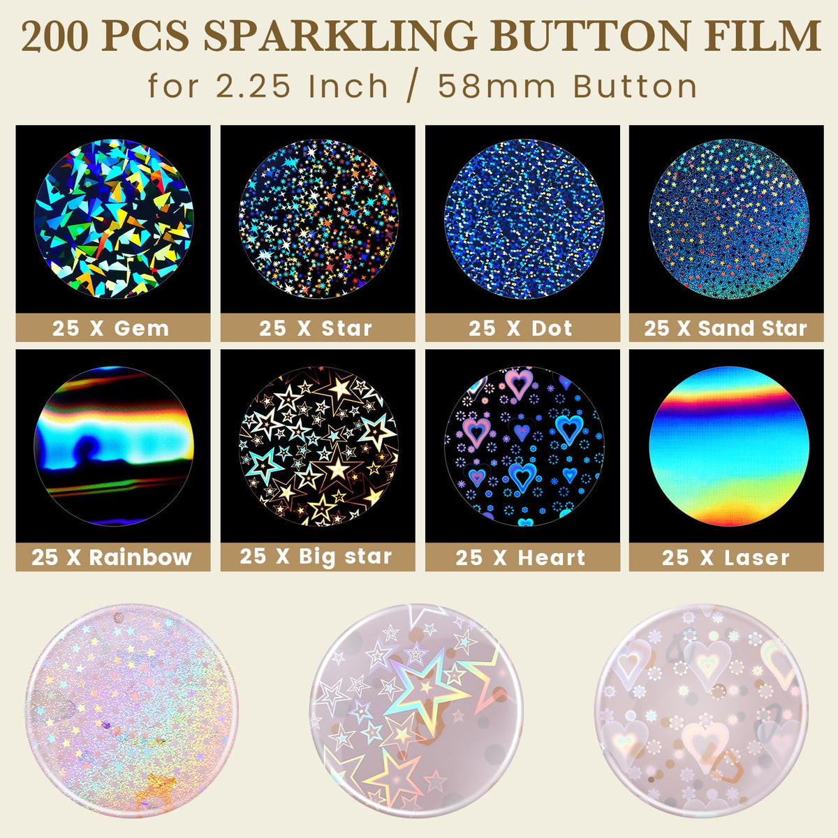 200 Pcs Badge Protective Film 70mm (2.76 in), 8 Styles of Holographic Glitter, Badge Film for 2.25 Inch 58mm Button Maker Machine, 58mm Button Making Supplies