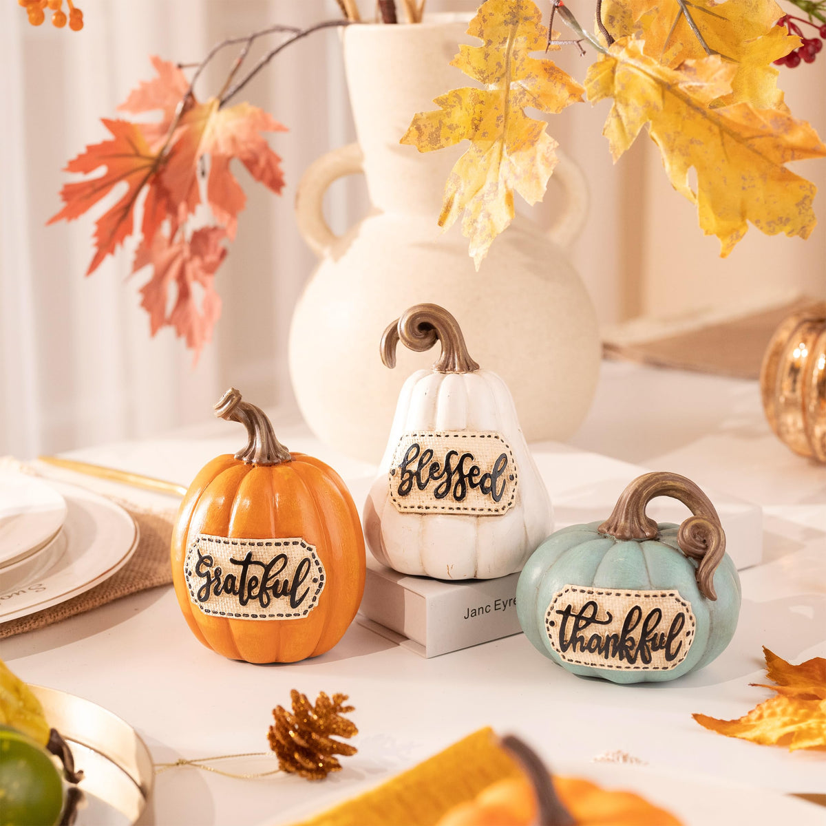Valery Madelyn Pumpkins Fall Table Decor for Home, Set of 3 Resin Decorative Pumpkins Figurines Decor Indoor Tabletop Centerpieces Harvest Autumn Thanksgiving Dining Room Shelf Decoration, 6.3 inch