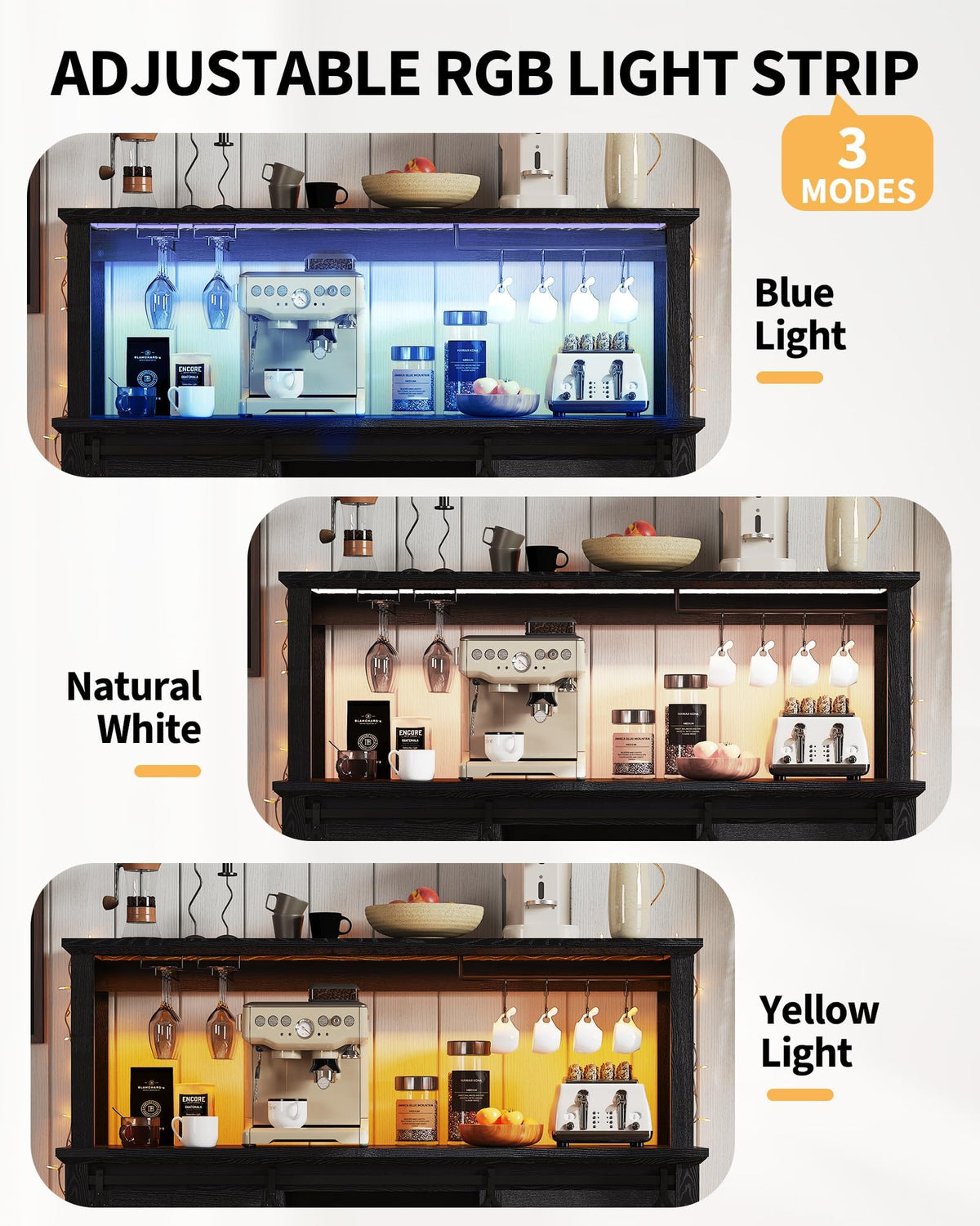 IDEALHOUSE 55" Farmhouse Coffee Bar Cabinet with Power Outlet & LED Light - Sliding Barn Door Buffet with Removable Wine Rack, 2-Tier Drawers, for Kitchen, Dining & Living Room, Black
